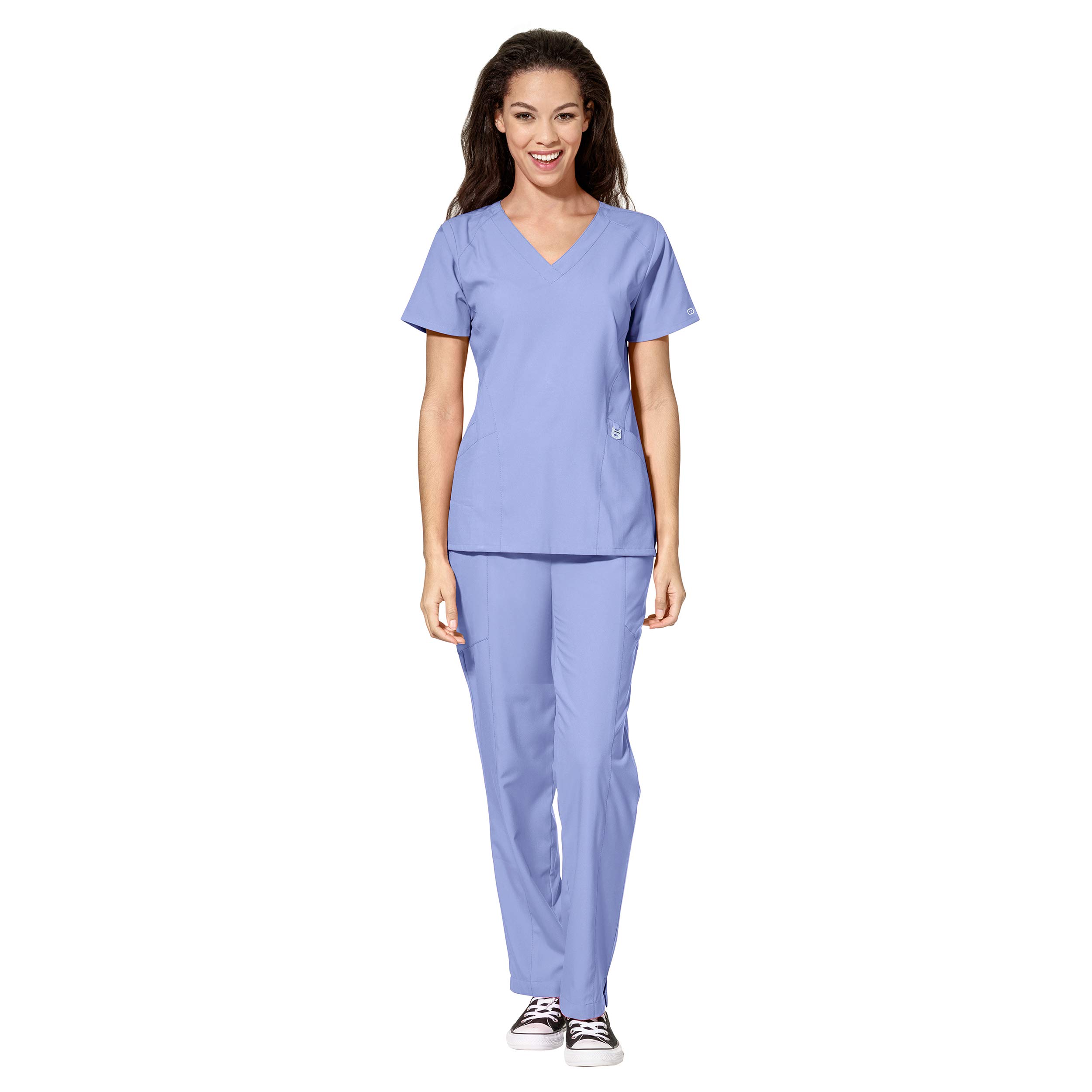 WonderWink W123 Women's Stylized V-neck Top & Flat Front Double Cargo Pant Scrub Set + Badge Reel