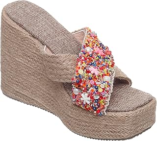 شبشب بكعب عريض ويدج من الخيش مع اكسسوارات انيقة S-22 - بيج