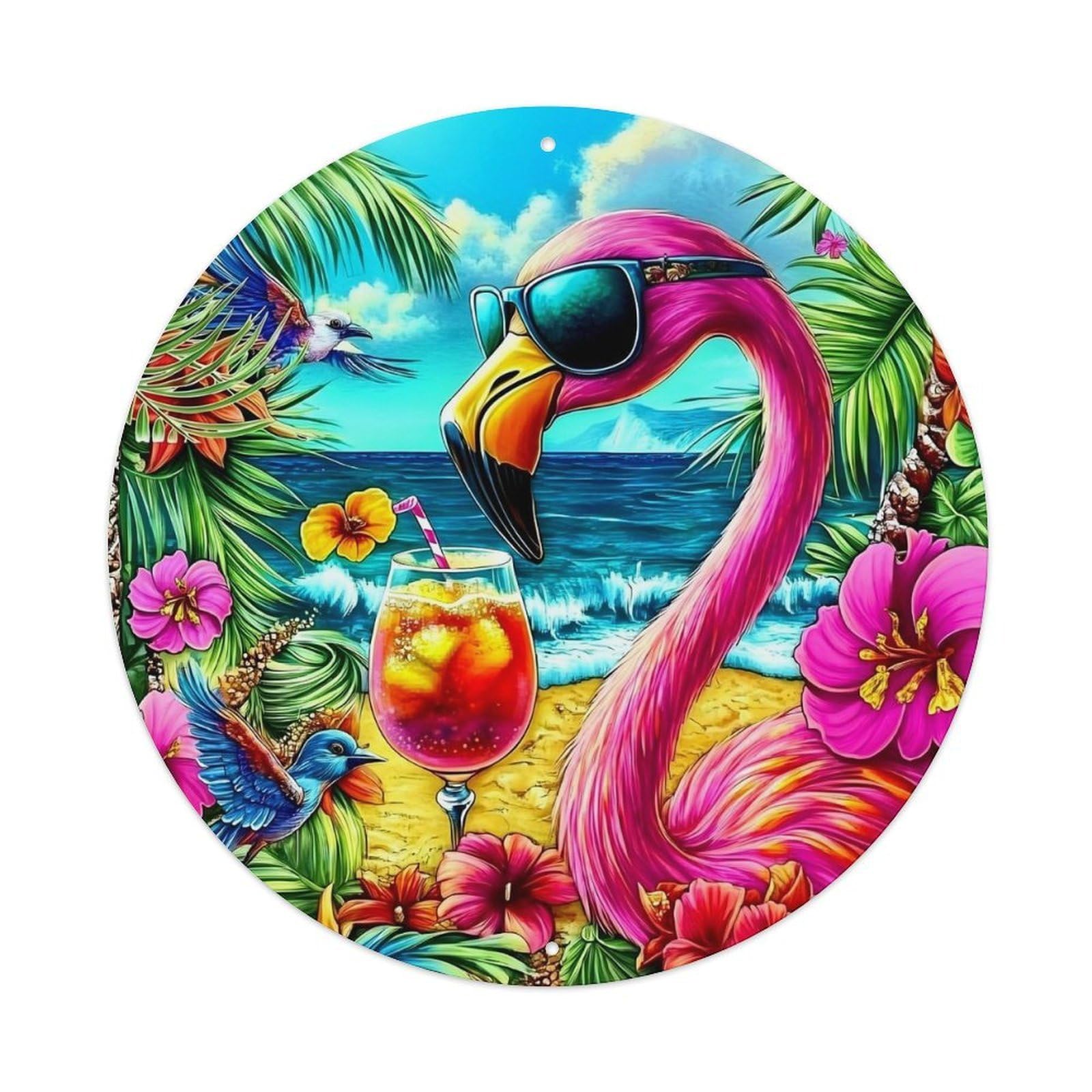 Tropical Flamingo Beach Cocktail Scene Round Metal Tin Sign Vintage Wall Decor, Bar Garage Cafe Kitchen Home Wall Art Poster 8x8inches