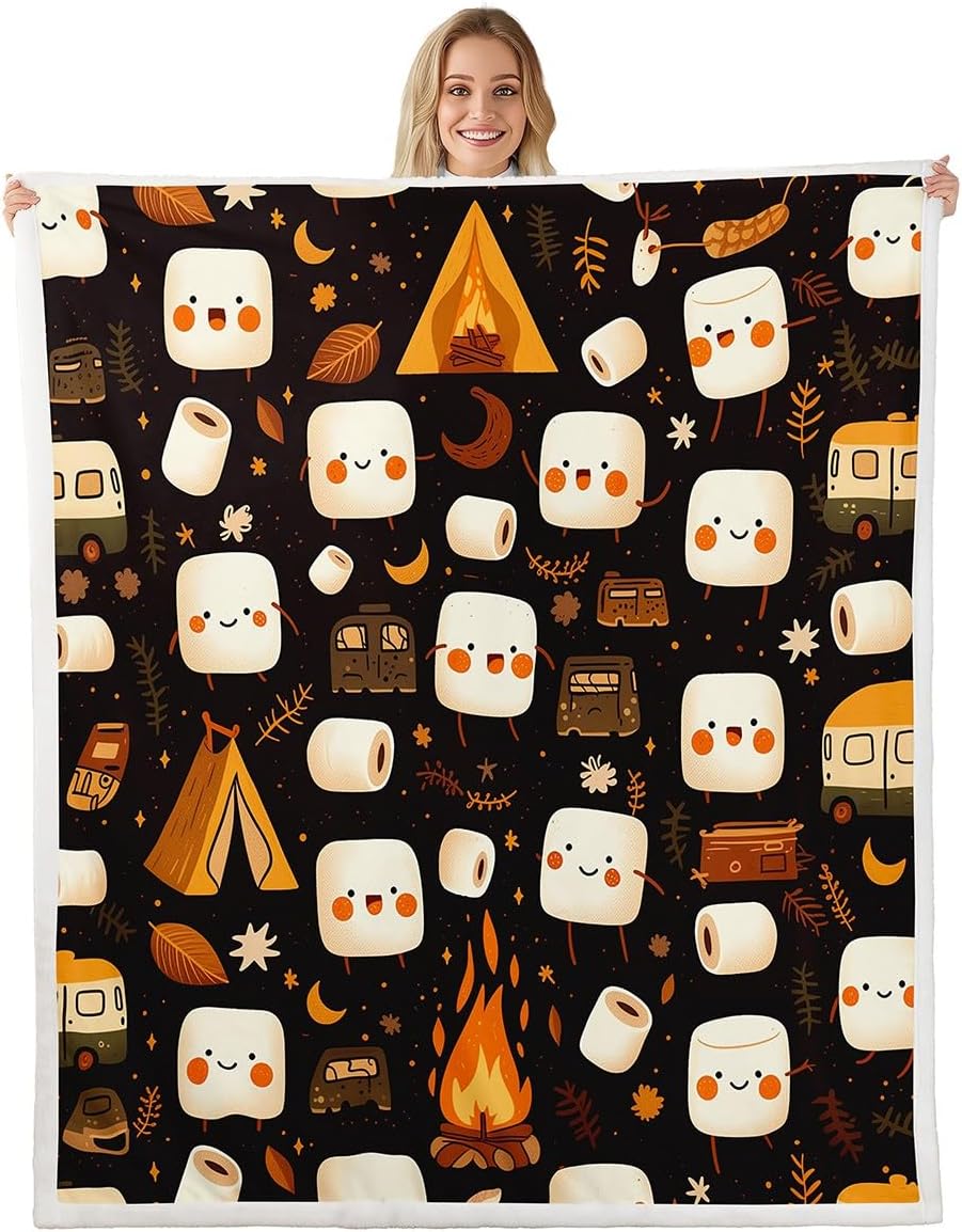 Feelyou Cute Marshmallow Fleece Throw Blanket 40"x50" Kids Kawaii S'Mores Candy Plush Sherpa Blanket Fuzzy for Boys Girls Teens Happy Camping Print for Bed Couch Chair Tent Fire Travel