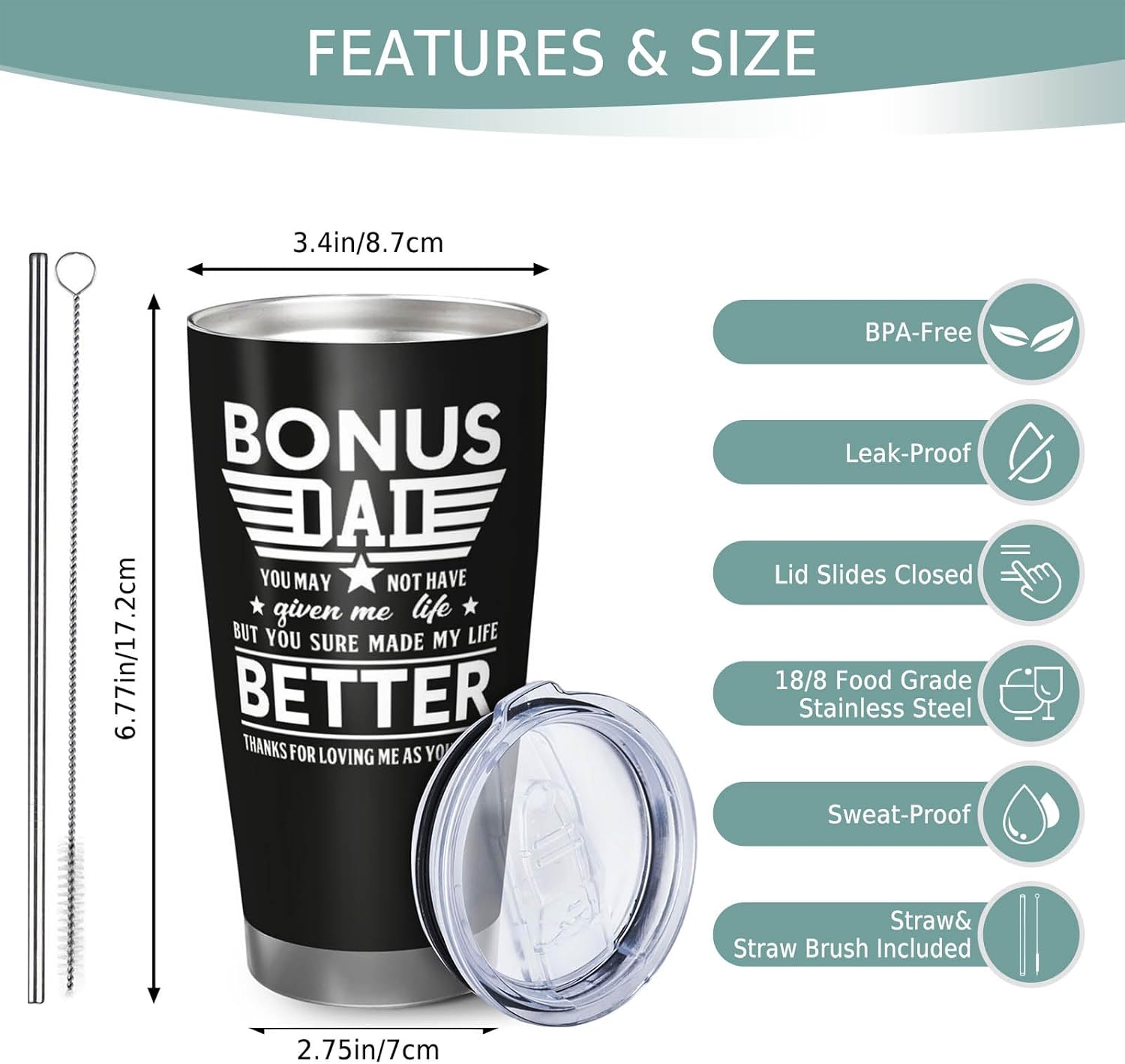 Best Bonus Dad Gifts, 20 Oz Insulated Bonus Dad Travel Tumbler, Stepdad Birthday Gifts, Travel Mug Gift for Stepdad - Image 5