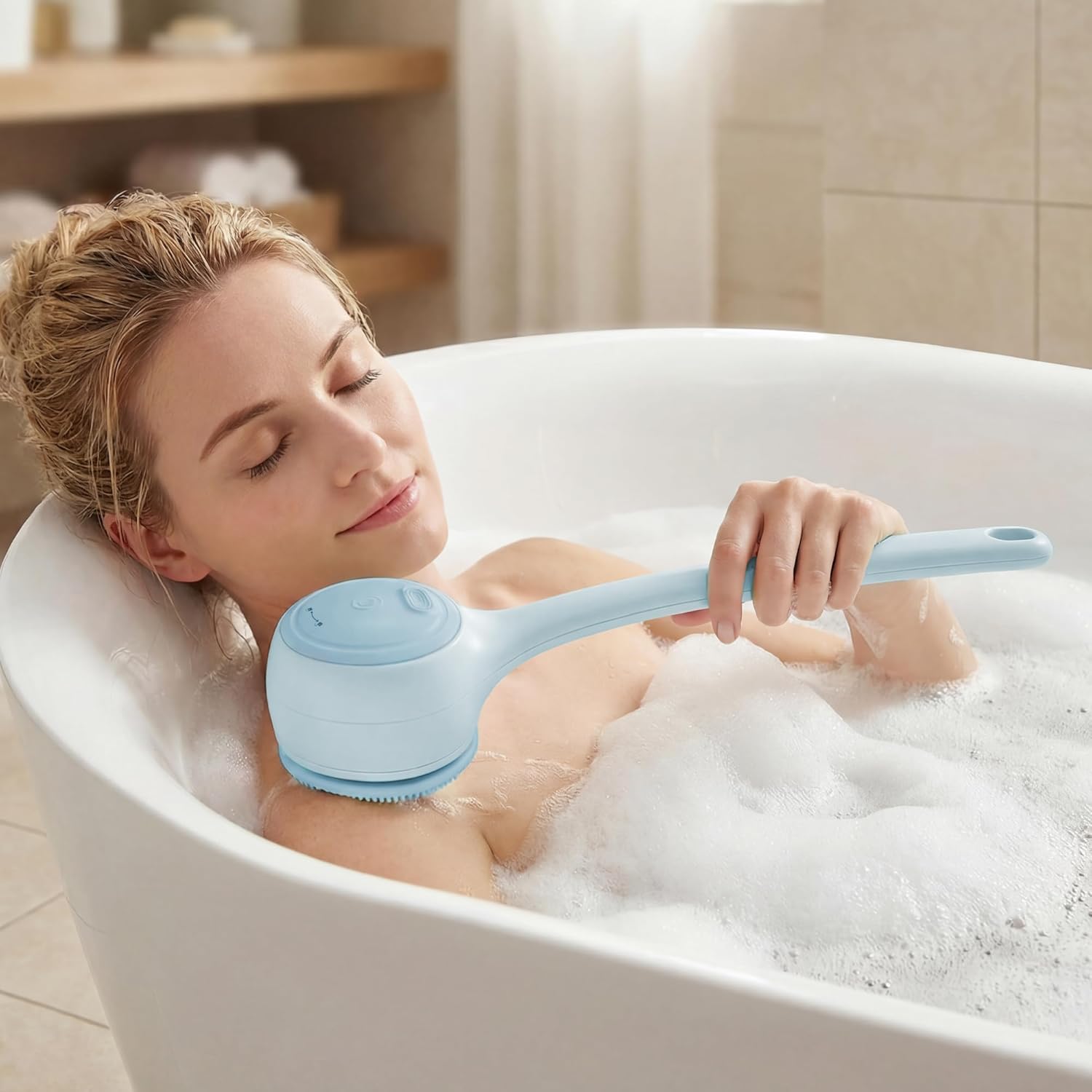 Electric Body Brush Back Scrubber for Shower，5 Replaceable Heads and Hook,Waterproof Long Dual Handle Power Body Scrubber 2 Speeds, for Cleansing Body, Exfoliating and Massaging Skin.