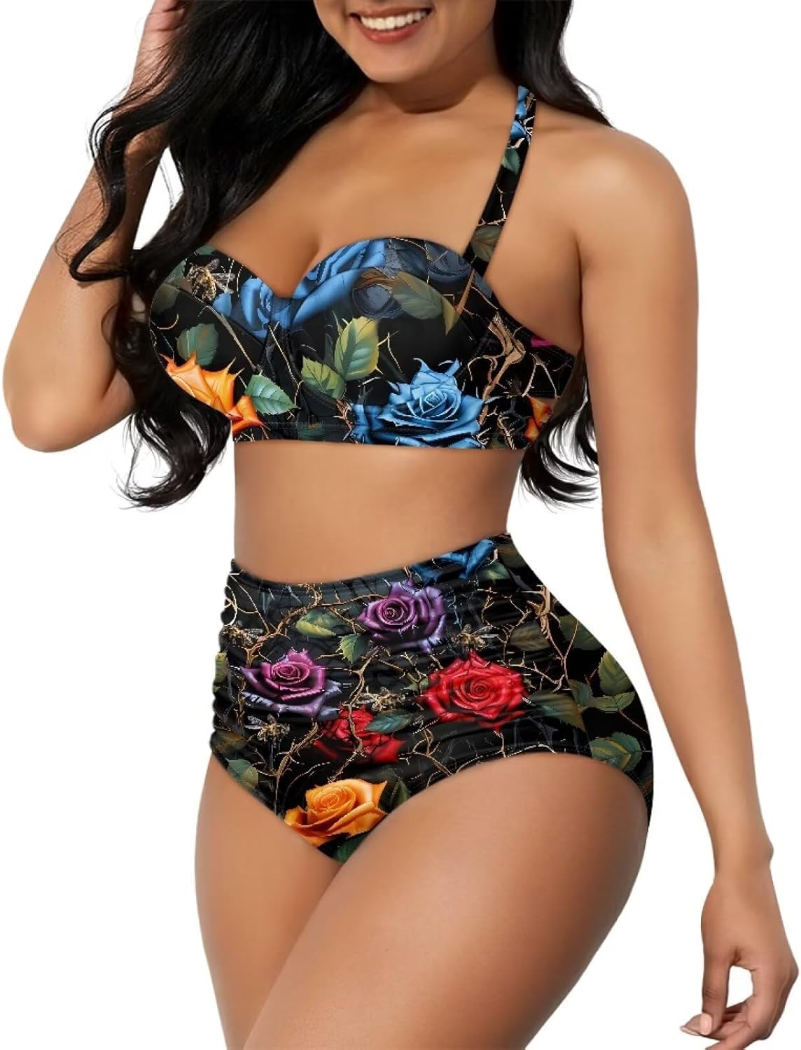 Suobstales Tummy Control Swimsuits for Women Two Piece High Waisted Bikini Sets V Neck Swimwear Bathing Suits Plus Size