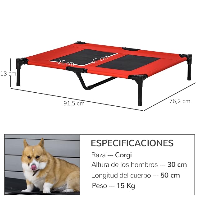 Foto 7 de 8 de PawHut Cama Elevada para Perros Gatos con Tela Oxford 91,5x76,2x18 cm Rojo