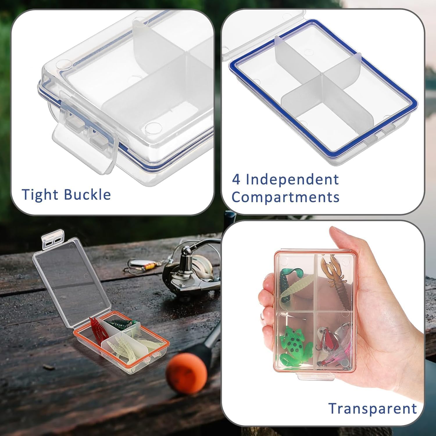 JUXYES 12 Pack Plastic Small Fishing Tackle Box Organizer with 4 Compartments, Clear Mini Fishing Tackle Storage Boxes with Dividers, Transparent Fish Pocket Tackle Storage Box Lure Box