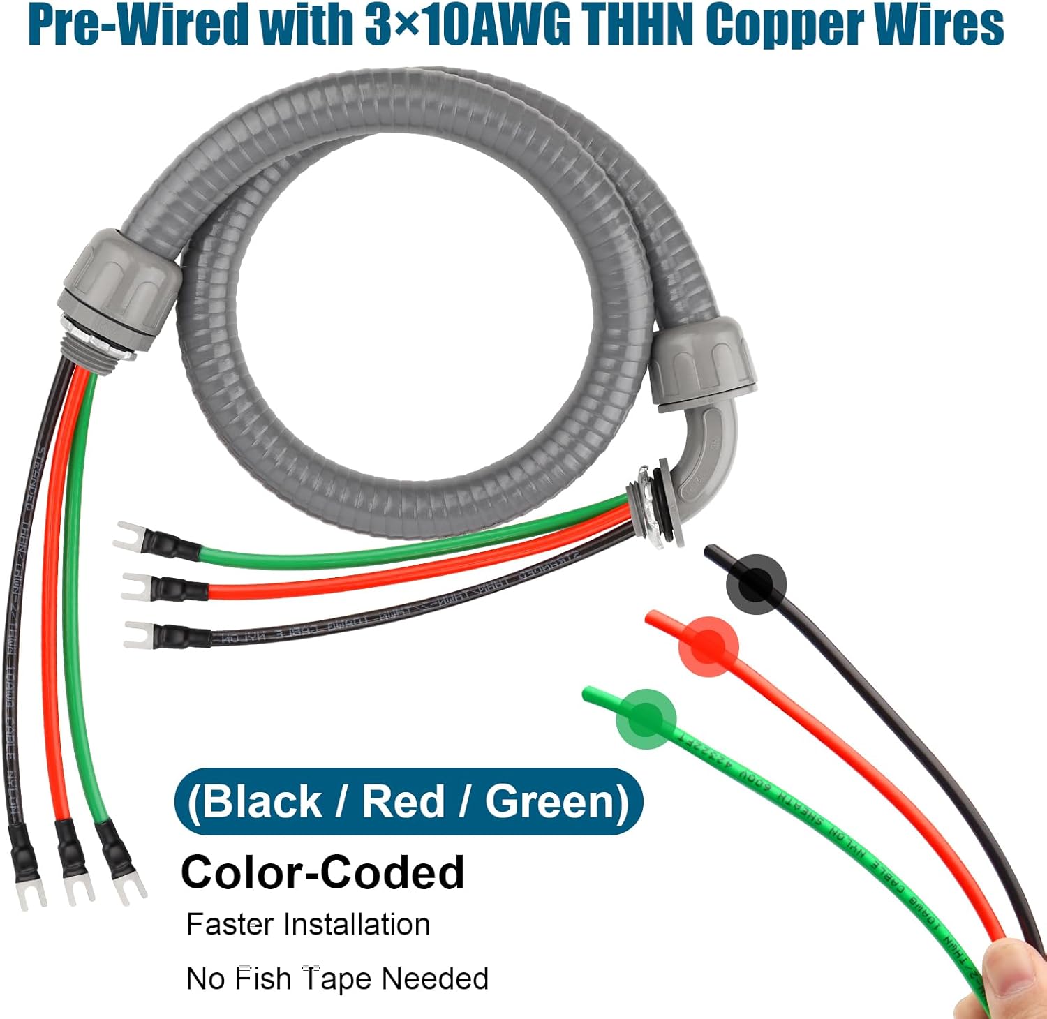 8FT Non-Metallic Liquid-Tight Conduit Kit, 1/2" Pre-Wired Electrical Whip with 3×10AWG THHN Copper Wires & Pre-Installed Terminals, 90° & Straight Connectors, Outdoor HVAC A/C Wiring