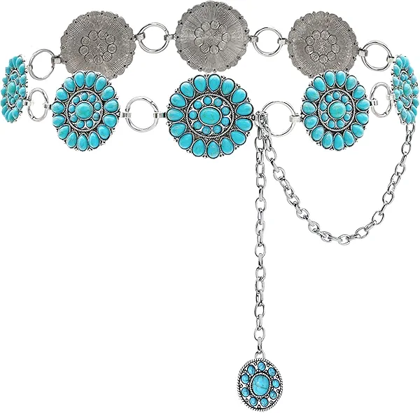 Xiokyo Boho Turquoise Concho Belt Silver Metal Western Turquoise Belts Waist Chain Belt for Women Dress