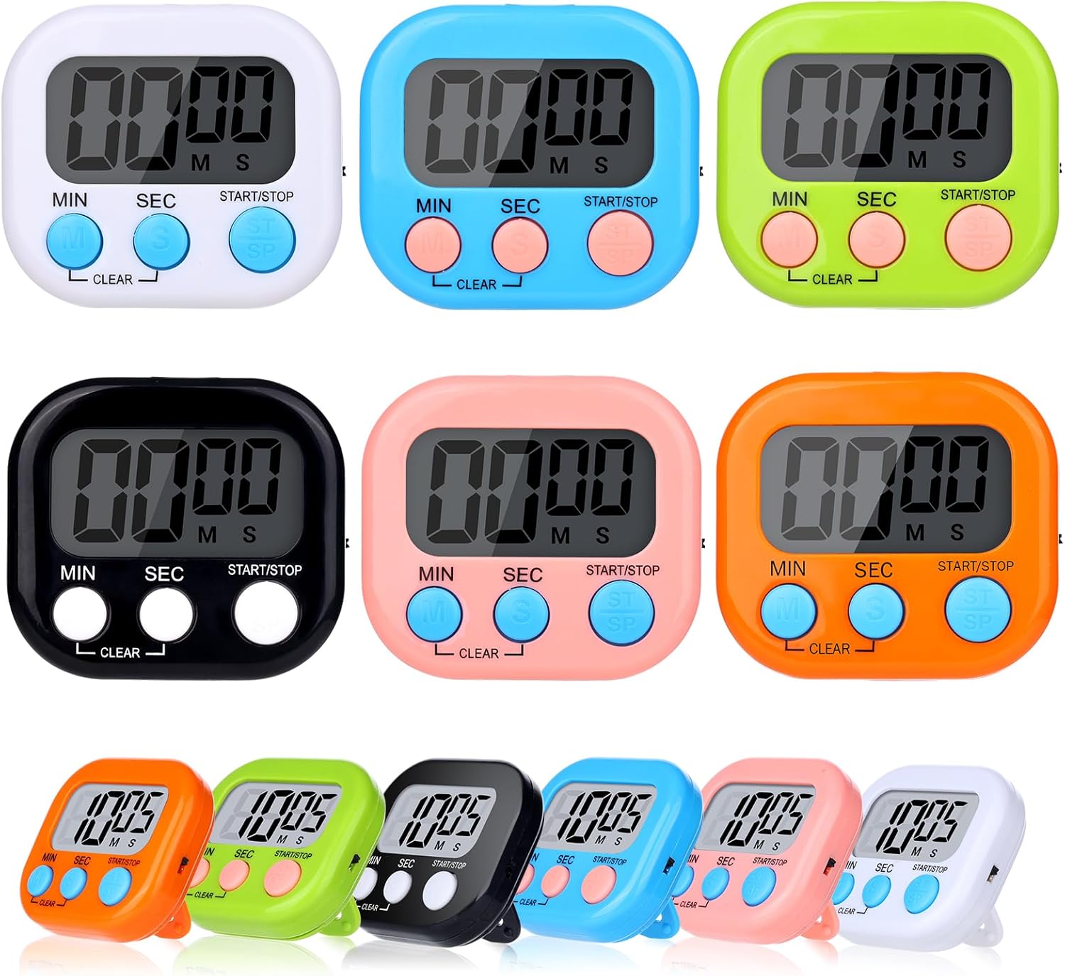 Dualshine 12-Pack Magnetic Digital Kitchen Timers - Colorful Countdown Classroom Timers for Cooking, Kids, Teachers with Loud Alarm & Big Digits