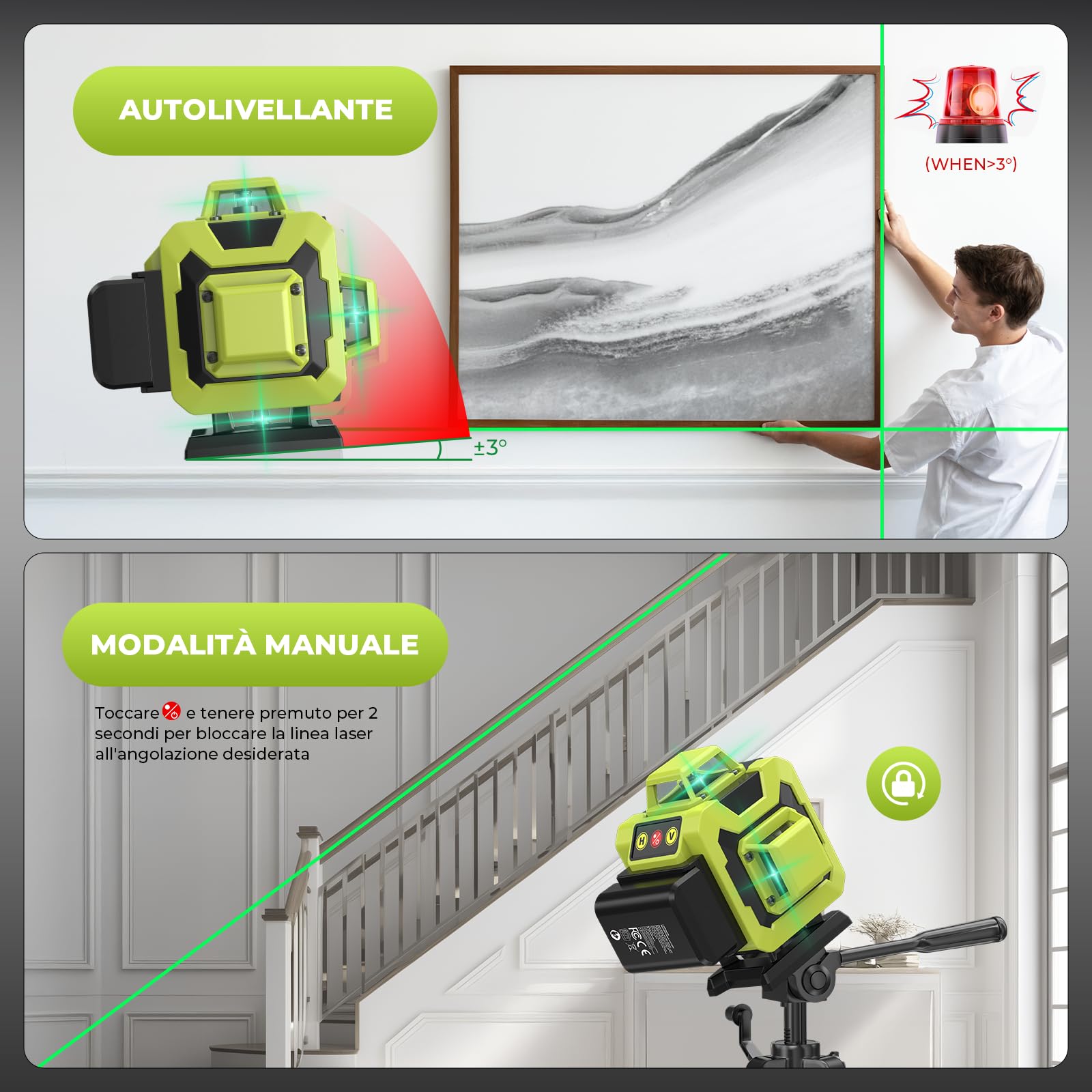 Livella Laser Autolivellante 360° – 16 Linee Verdi, 4×360°, Alta Visibilità, 2 Batterie, Telecomando e Kit Accessori, Ideale per Cartongesso e Pavimenti