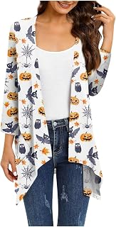 Tsamuo Halloween Cardigan for Women Pumpkin Cat Print Three-Quarter Sleeve Lightweight Irregular Open Front Coat