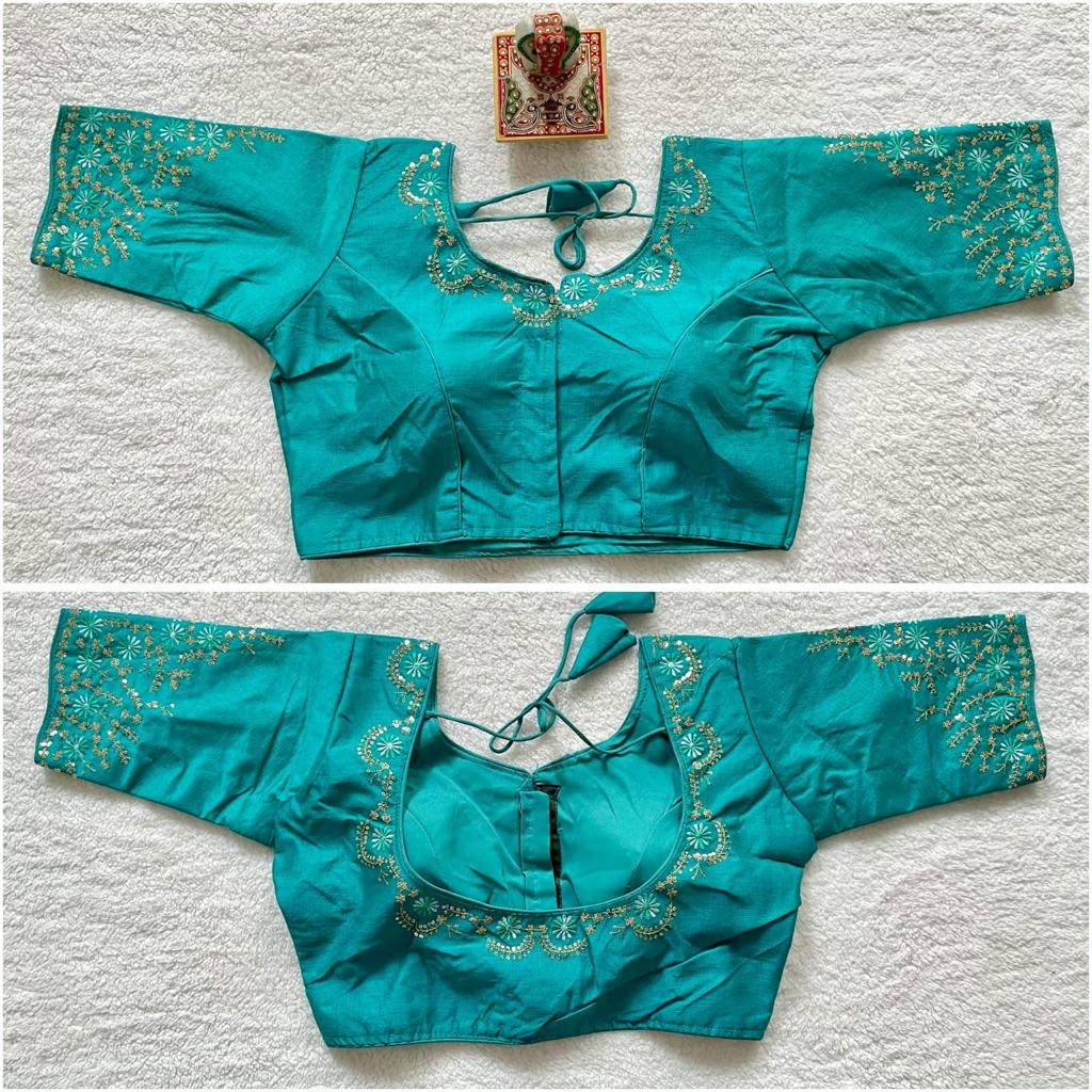 Pujia Mills Women's Silk Embroidery Sequence Work Half Sleeve Readymade Blouse (Rama, 38)