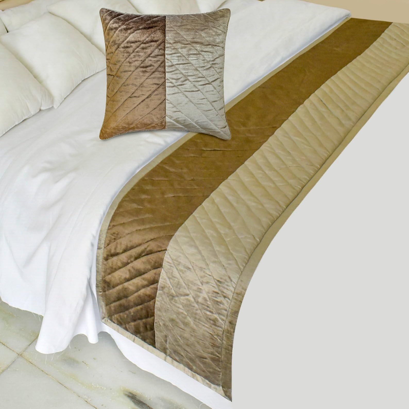 The HomeCentric King/Queen/Twin Brown Decorative Bed Runner King 225x45 cm Bed Runner With Two Cushion Cover, Solid, Chevron, Patchwork, Quilted Bed Scarf on Velvet fabric - Plush Divide