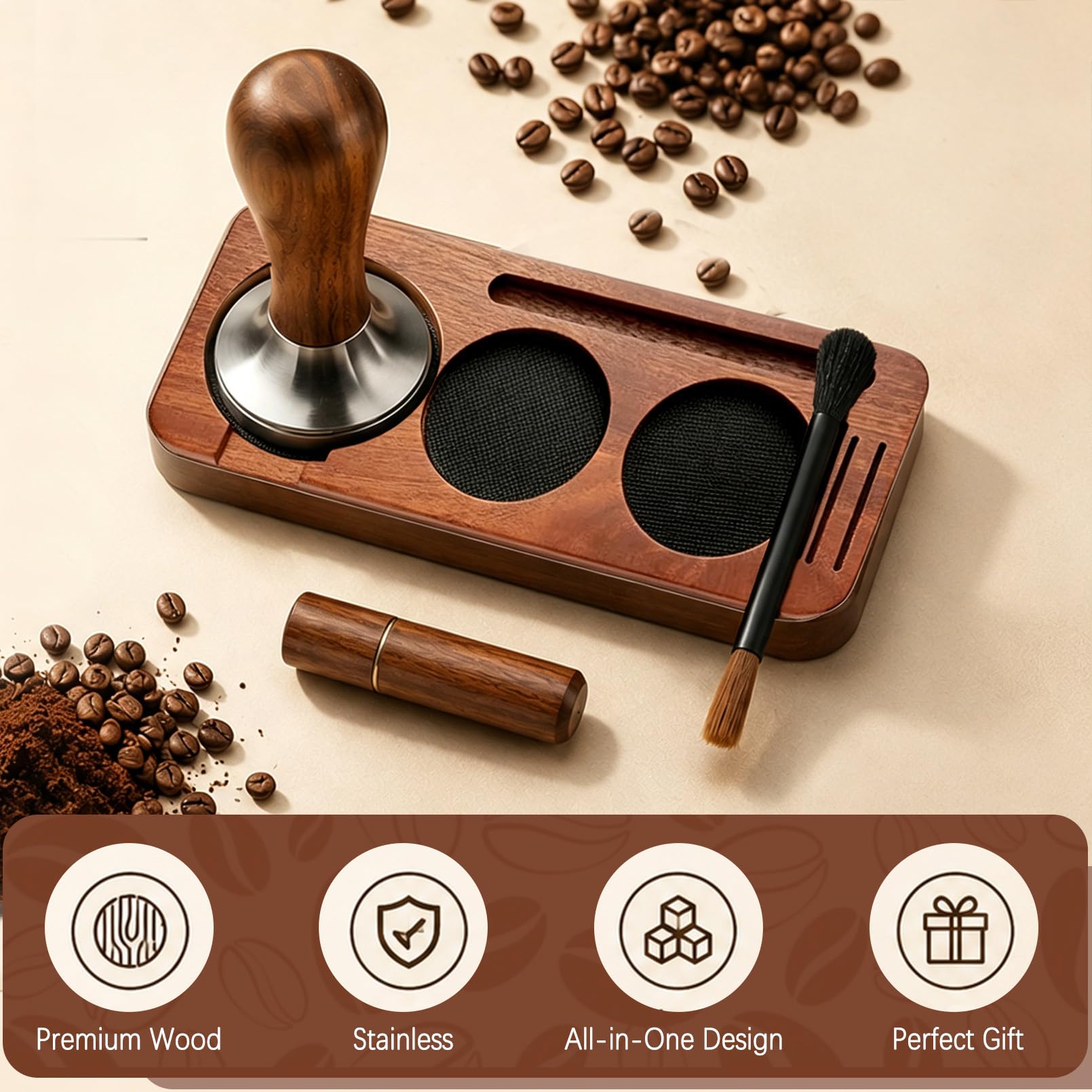 Juego de accesorios para café expreso de 51 mm, juego de 7 piezas – Tamper, distribuidor, anillo dosificador, herramienta WDT, cepillo, pantalla de disco y tamping para portafiltros, juego