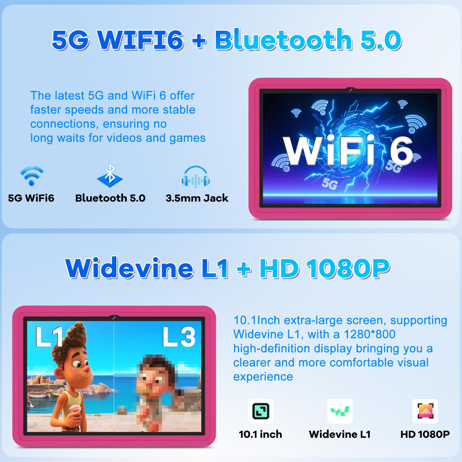 DMOAO Tablet Bambini 10 Pollici Android 15 con 30GB RAM, 5G Wi-Fi 6, 64GB ROM(2TB), Control Parental, Octa-Core, 8MP+5MP, 6000mAh, Custodia Protettiva EVA + Supporto Girevole a 360°, Rosa Rosso