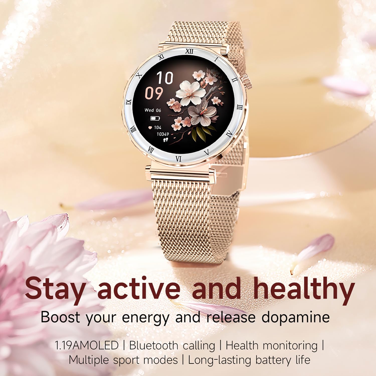 Reloj inteligente para mujer AMOLED de 1,19 pulgadas con función de teléfono, monitor de sueño en el corazón, presión arterial SpO2, modo multideporte, reloj de fitness, resistente al agua, correa de