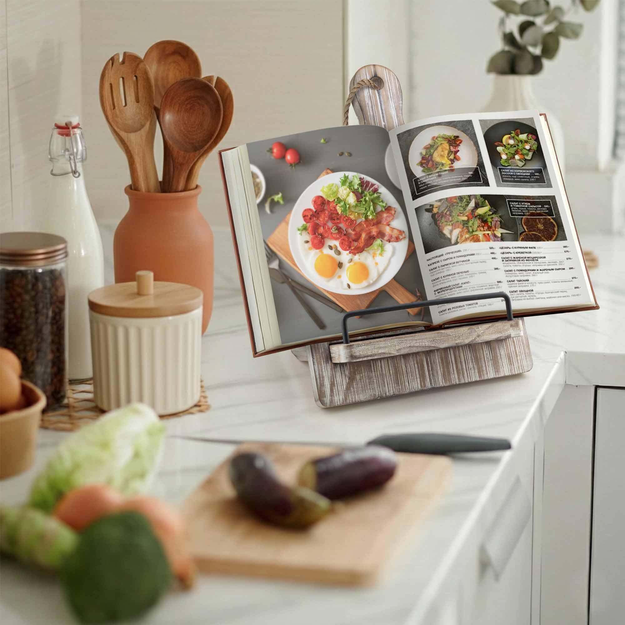 Soporte para libros de cocina Soporte para libros de cocina | Soporte para recetas de madera estilo tabla de cortar con soporte extraíble ajustable (gris)