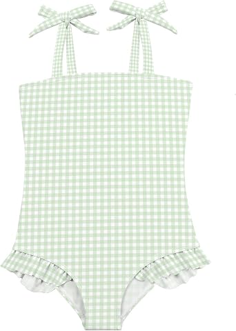 Green Gingham Checkered Girls Swimsuit Ruffles One Piece Bathing Suit Cute Adjustable Bowknot Beachwear