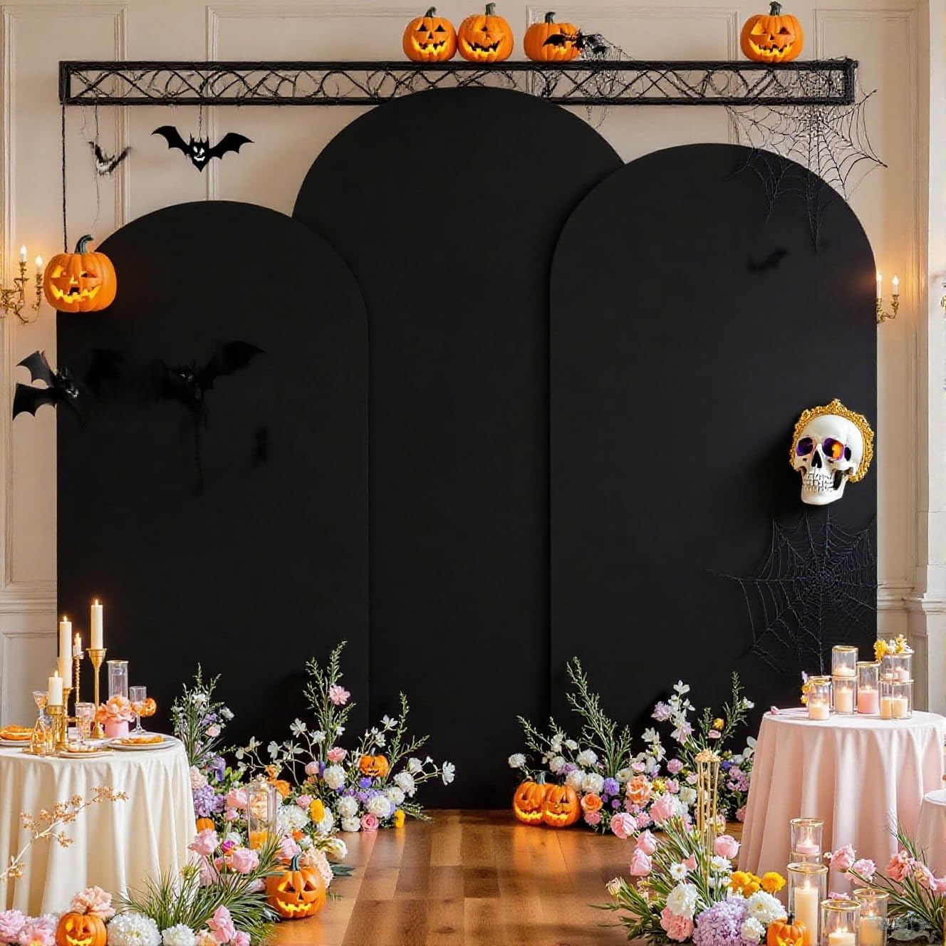 Set of 3 Black Arch Covers-7.2/6.6/6ft Spandex Stretchy Fitted Arch Backdrop Covers Wrinkle-Free Round Top Chiara Arch Stand Cover for Wedding Birthday Halloween Party Banquet Photo Background Decor
