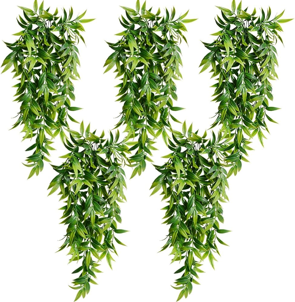 SzJias 5 Pcs Artificial Hanging Plants Outdoor Fake Hanging Plant Bamboo Leaves Plant for Patio Porch Outdoor Plants Decor