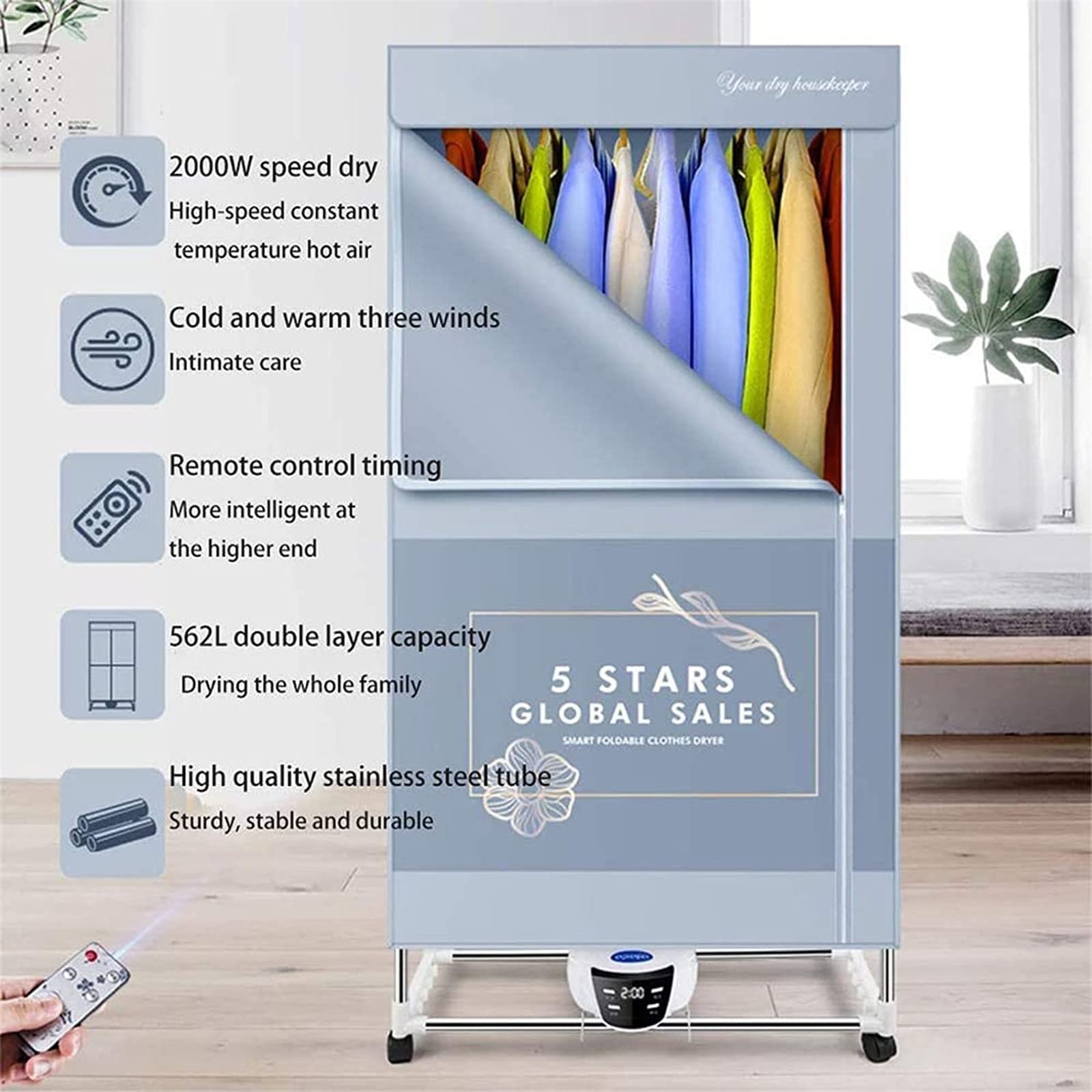 Secadora de Ropa Plegable(Control Remoto), Secadora de Ropa Eléctrica Portátil 2000W Calentada Máquina Secadora de Ropa Gran Capacidad 40 Kg Doble Capa Eficiente