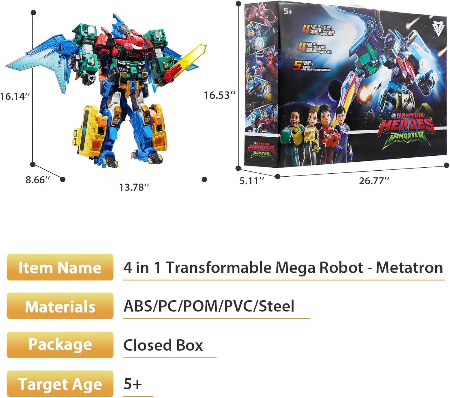 4 in 1 Transforming Robot Mega Robot Metatron, 16.14 Inch Chariot Children's Robot Toy, Transforming Toy for Boys and Girls 5 6 7 8 9 10 Years Old, Multicoloured