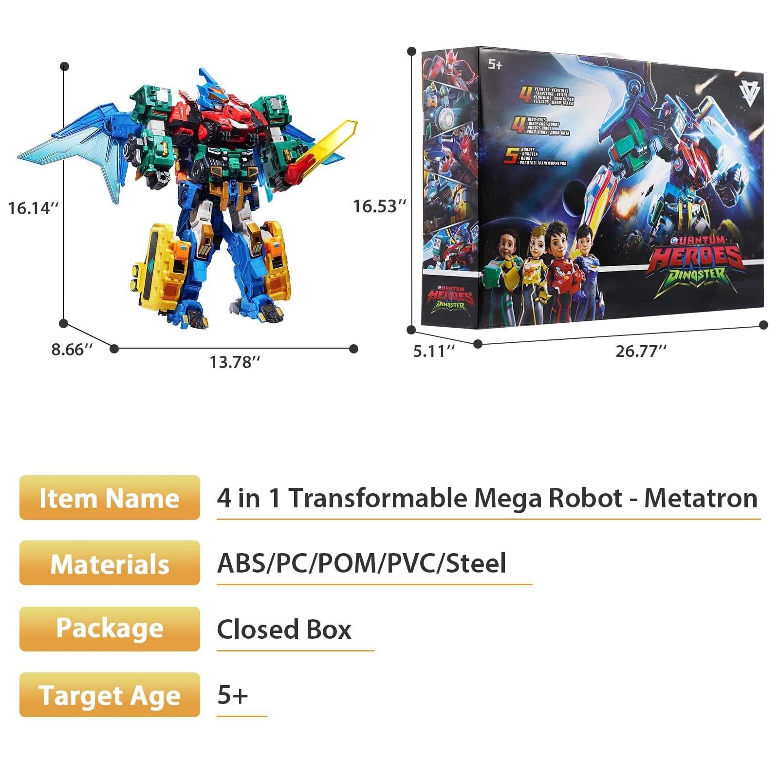 QUANTUM HEROES DINOSTER Mega Metatron 41cm – Robot 4-en-1, 5+ | 4-en-1: 4 vehículos, 4 dinosaurios o 4 robots (28cm). Combinables en mega robot (41cm). Sin pilas. 5-10 años