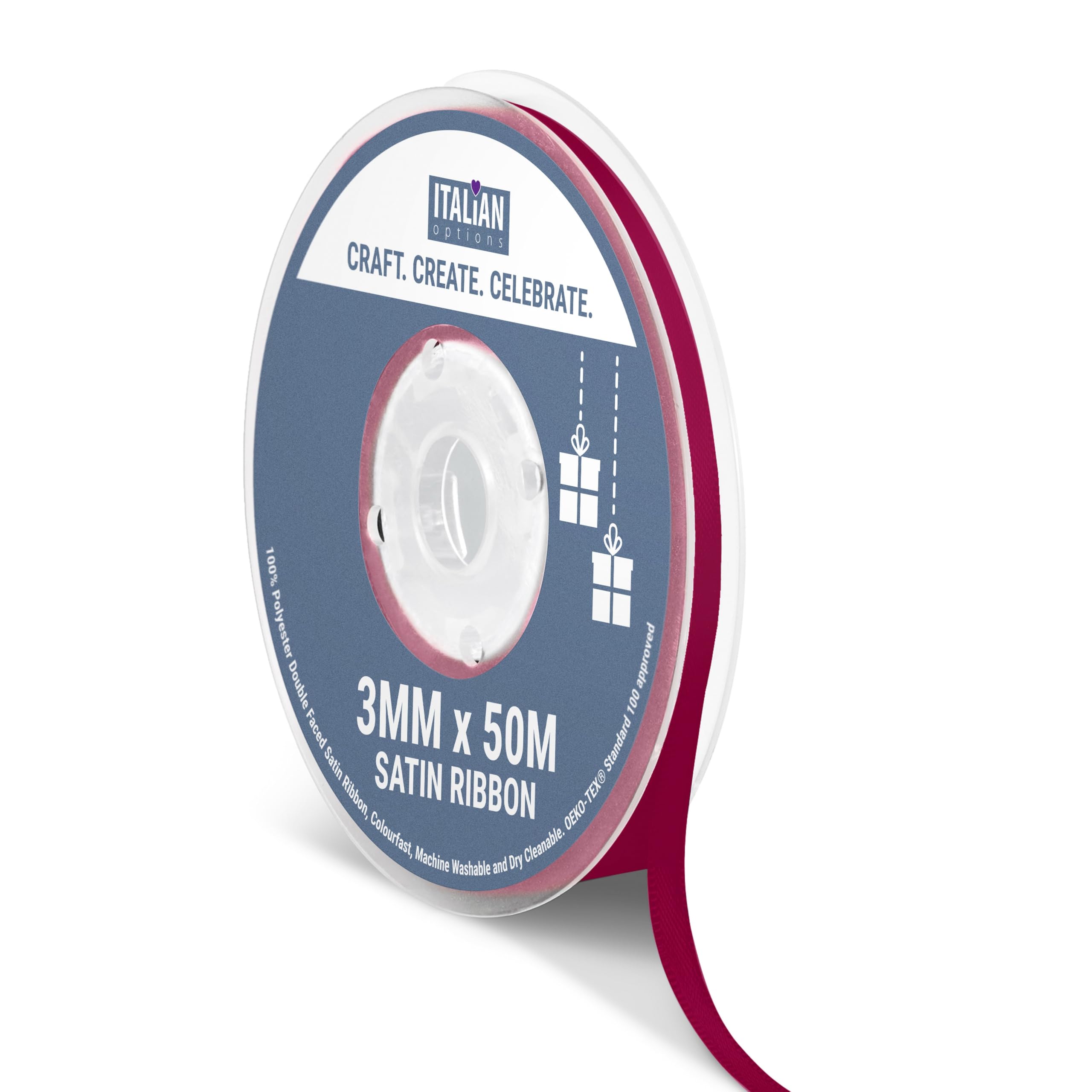 Italian Options Satin Ribbon, Fabric Ribbons for Gift Wrapping, Crafting, Balloons, Wedding Car, Presents, Cake, Christmas, Birthday, Gift Wrap Accessories, 3mm Wide x 50 Metre Roll, Burgundy