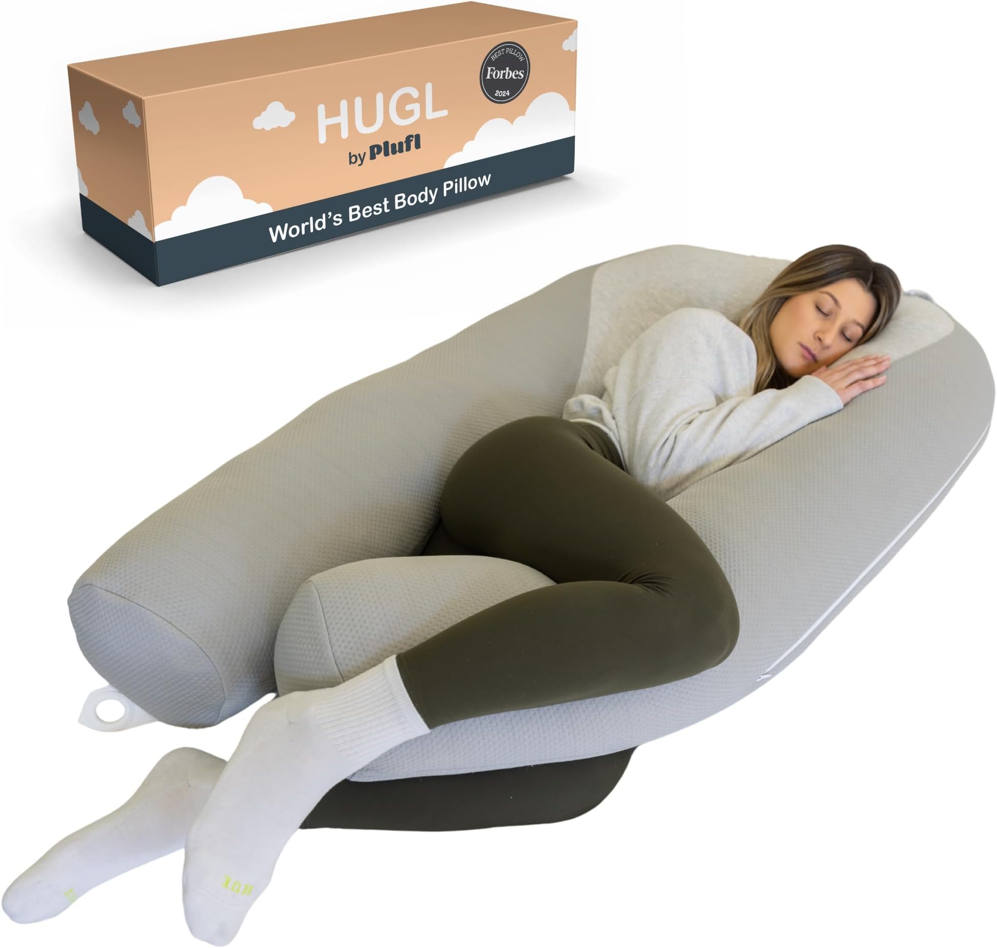 - Hugl Cooling Body Pillow for Adults Made with CloudSupport Fill | U Shaped Maternity Pillows Great for Side Sleepers & Pregnant Women | Washable Cover | Grey