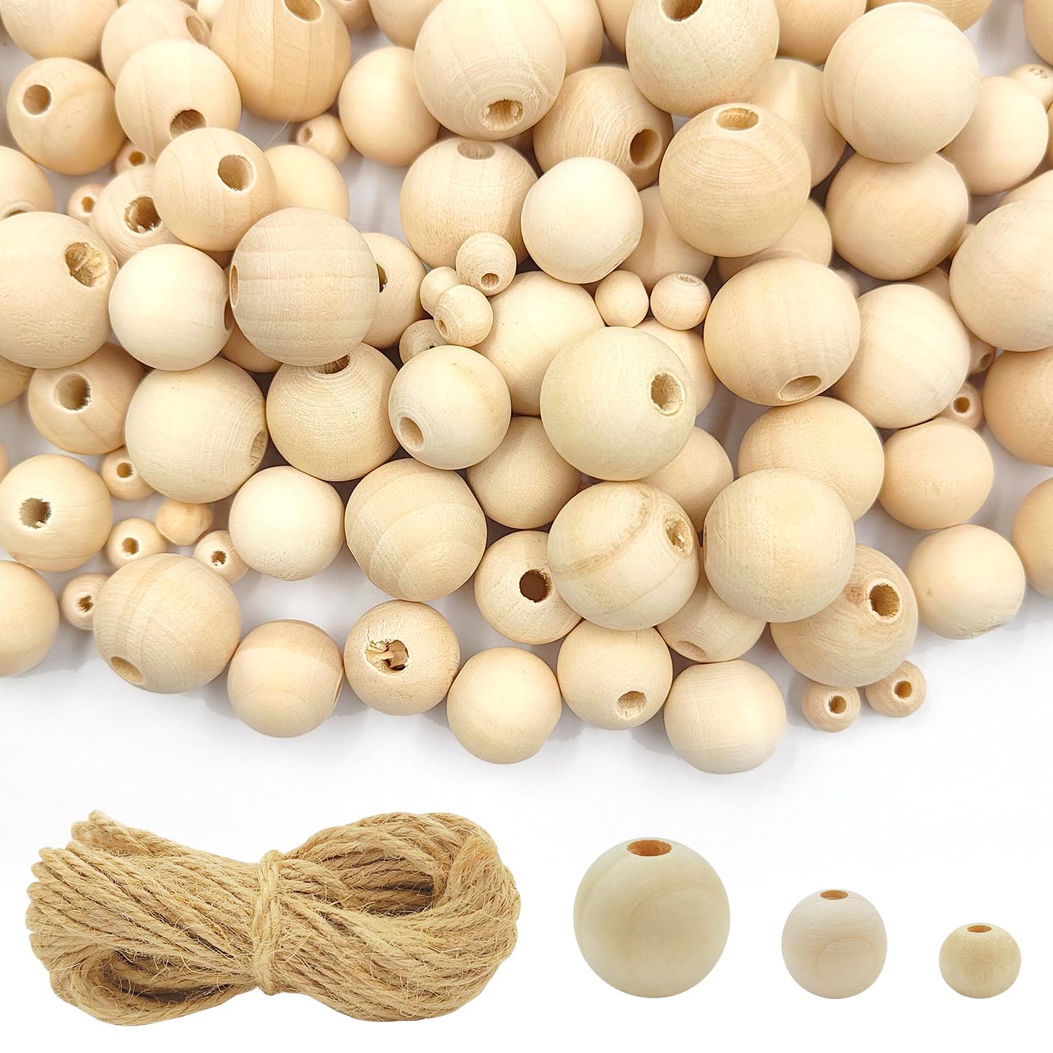 Perles en bois brut noble de haute qualité avec cordon de jute véritable