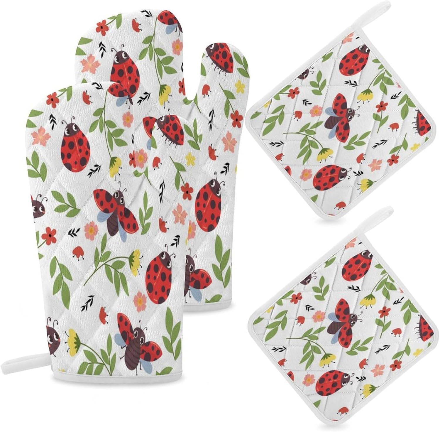 Red Ladybug Print Oven Mitts and Pot Holders 4 Leaf Flower Wild Animal Cute Ladybug Piece Setven Mitts and Potholders Cooking Gloves Suitable Kitchen Baking