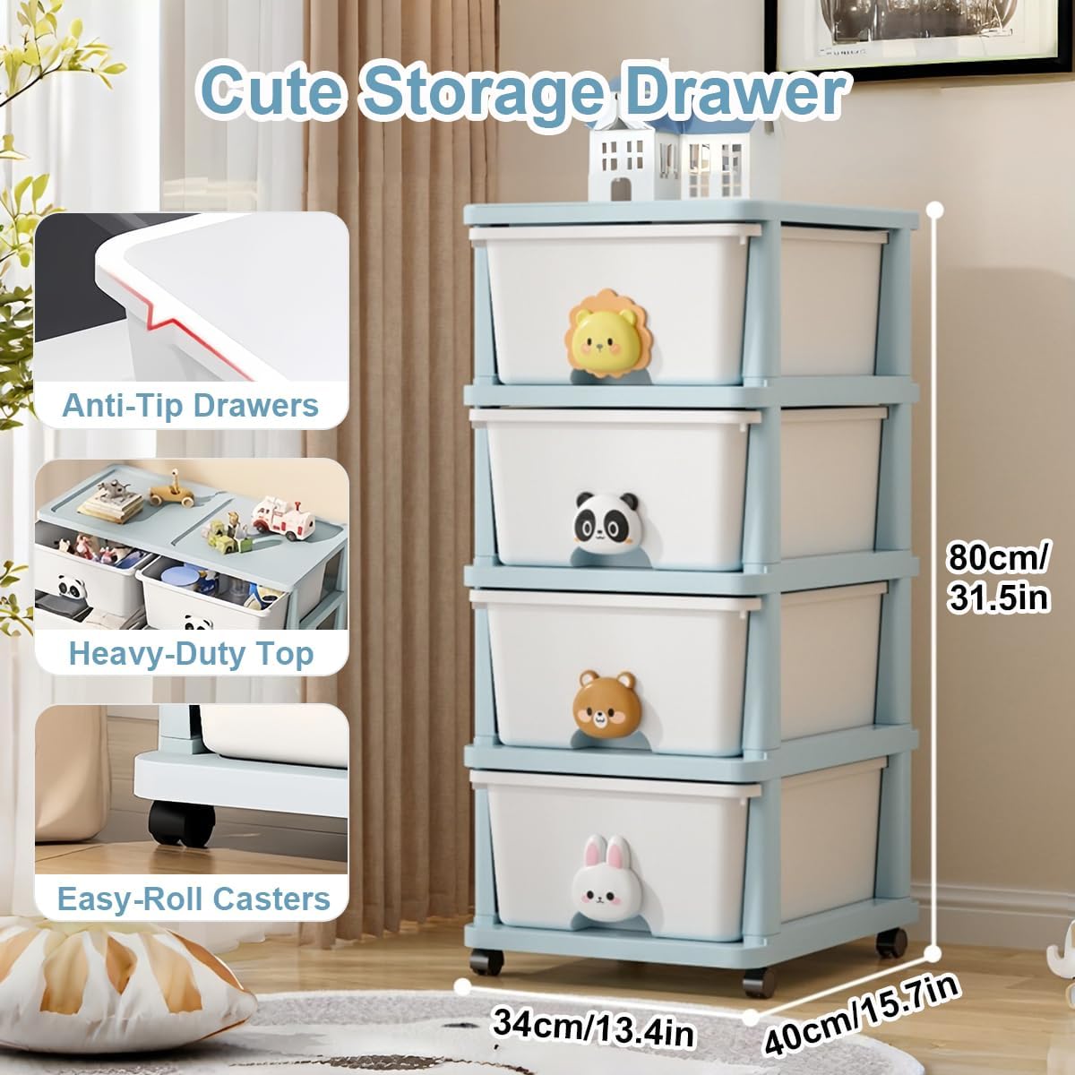 Plastic Storage Organizer With 4 Drawer,Rolling Storage Cart with Removable Wheels, White Bin Drawers for Bedroom, Bathroom, Home Office, and Dorm Room,