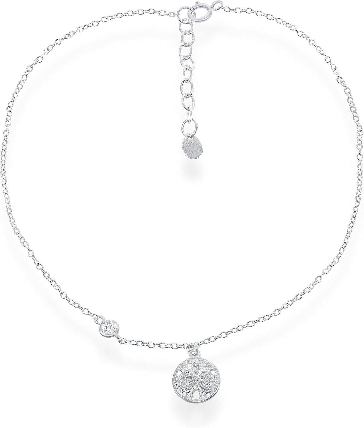 Sterling Silver Italian Diamond-Cut Flip Flop, Foot Print, Sanddollar, Turtle, Palm tree, Starfish w/Zirconia 9+1" Anklet Bracelet