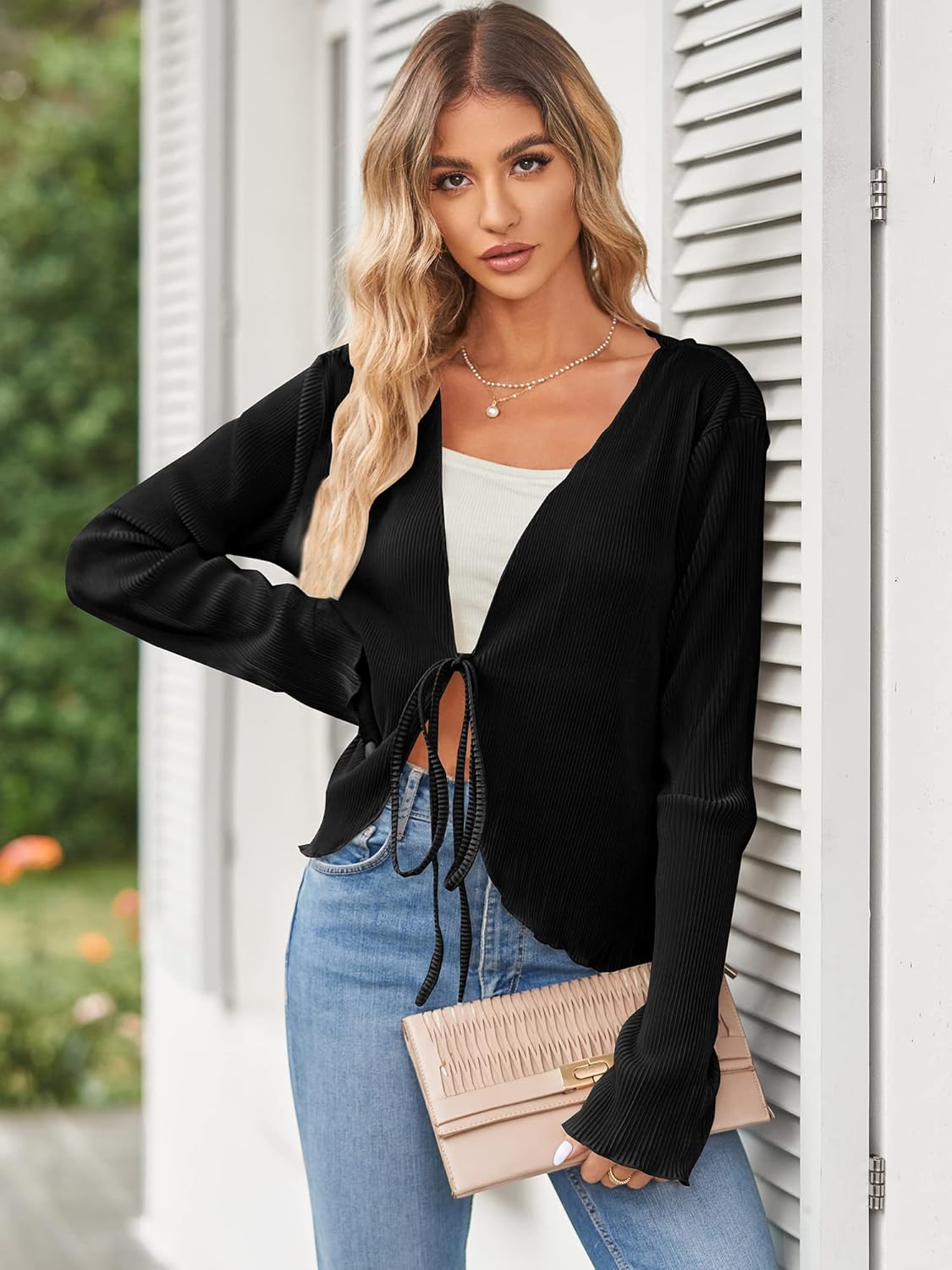 ZAFUL Women's Deep V Neck Tie Front Top Flare Sleeve Plisse Pleated Blouse Shirt Top Y2k Vintage Streetwear - Image 3