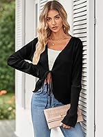 Vista 3 de ZAFUL Blusa plisada de manga larga con cuello en V profundo y lazo frontal para mujer