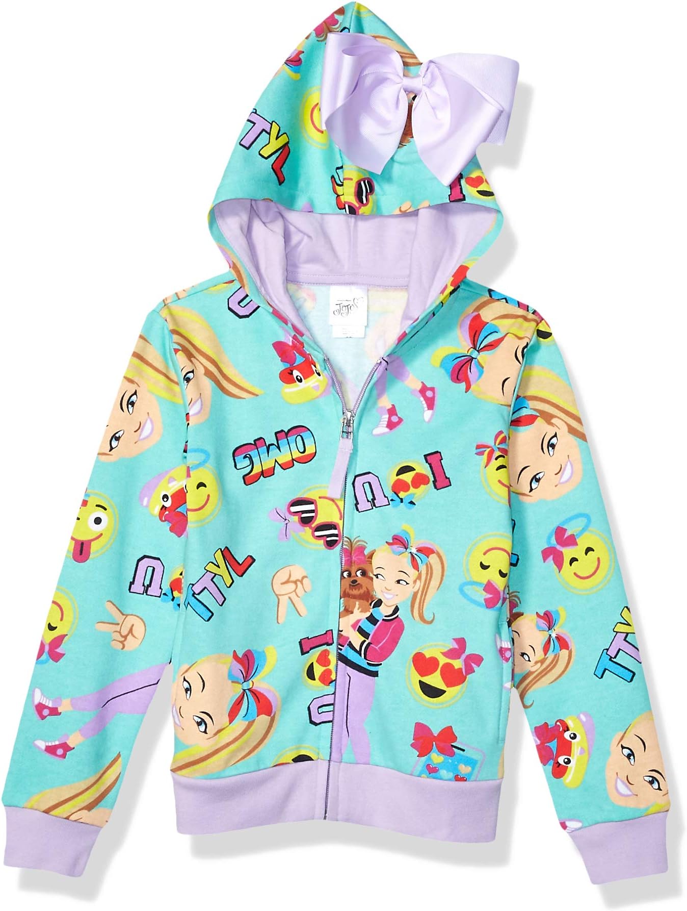girls Emoji Characters Zip Up Hoodie With Bow on Hood