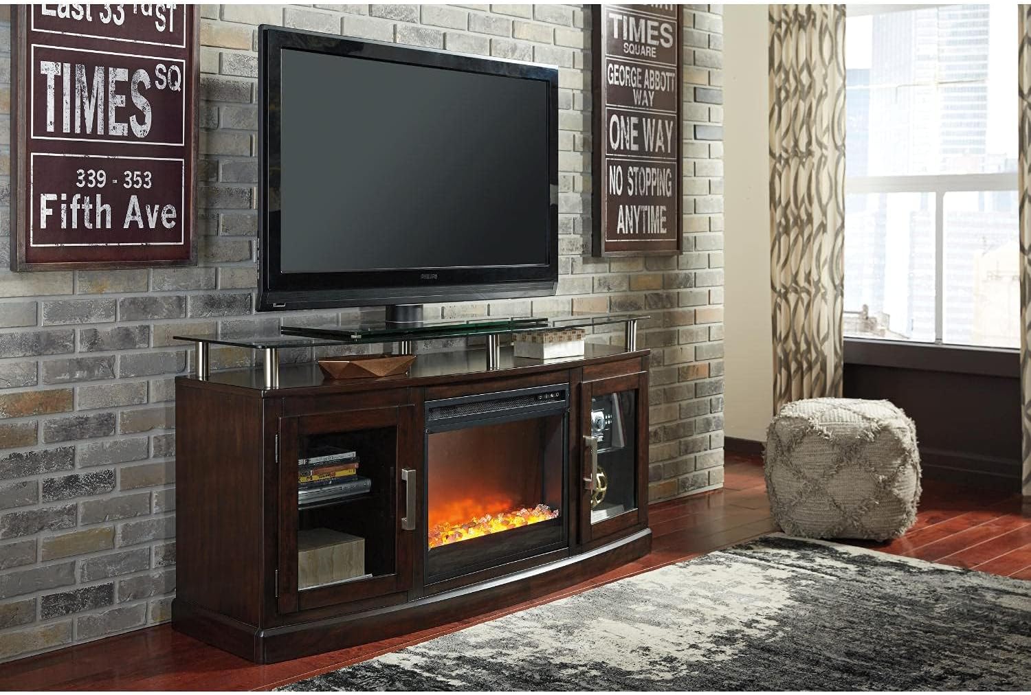 Bowery Hill Electric LED Glass Stone Fireplace Insert, Black Finish, Indoor Use, 21.88" W x 8.5" D x 20.06" H, Adjustable Flame Brightness, Remote Control, Heating Element, Living Room Heating