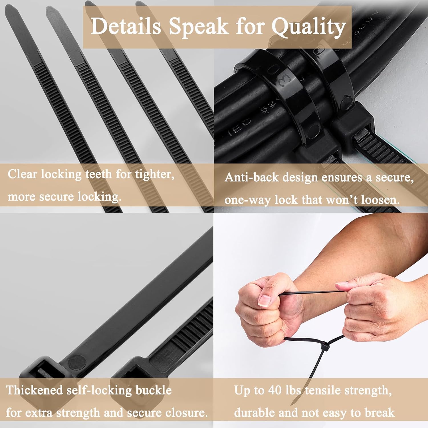 8 Inch Zip Ties Cord Straps with 40 Lbs Tensile Strength for Indoor and Outdoor Use, Heavy Duty, Self-Locking, Multi-Purpose Cable Ties Wire Wraps, Black, 100PCS