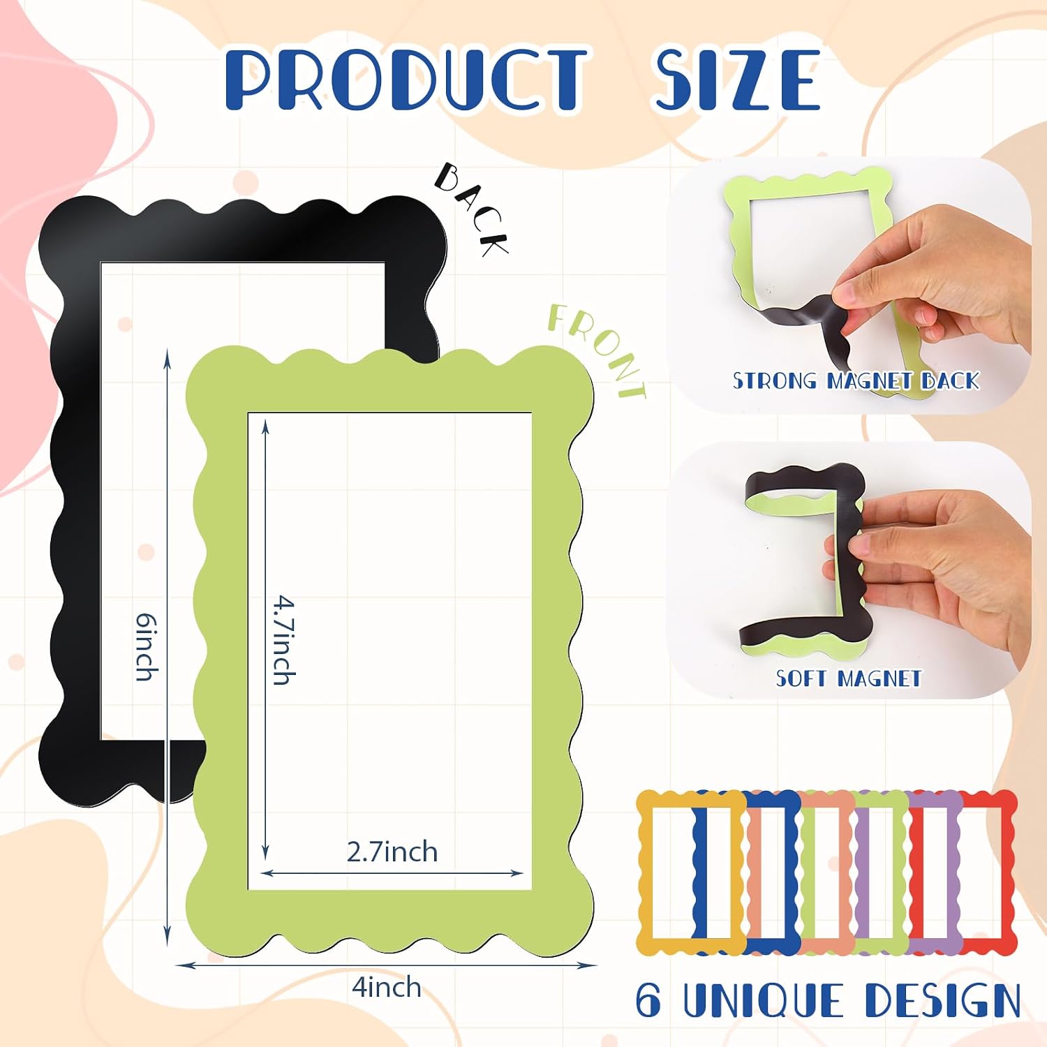 Whaline 6 Pcs Magnetic Picture Frames 4 X 6 In Scalloped Magnetic Photo Frame Boho Colors Photo Magnets for Refrigerator Back to School Locker Accessories