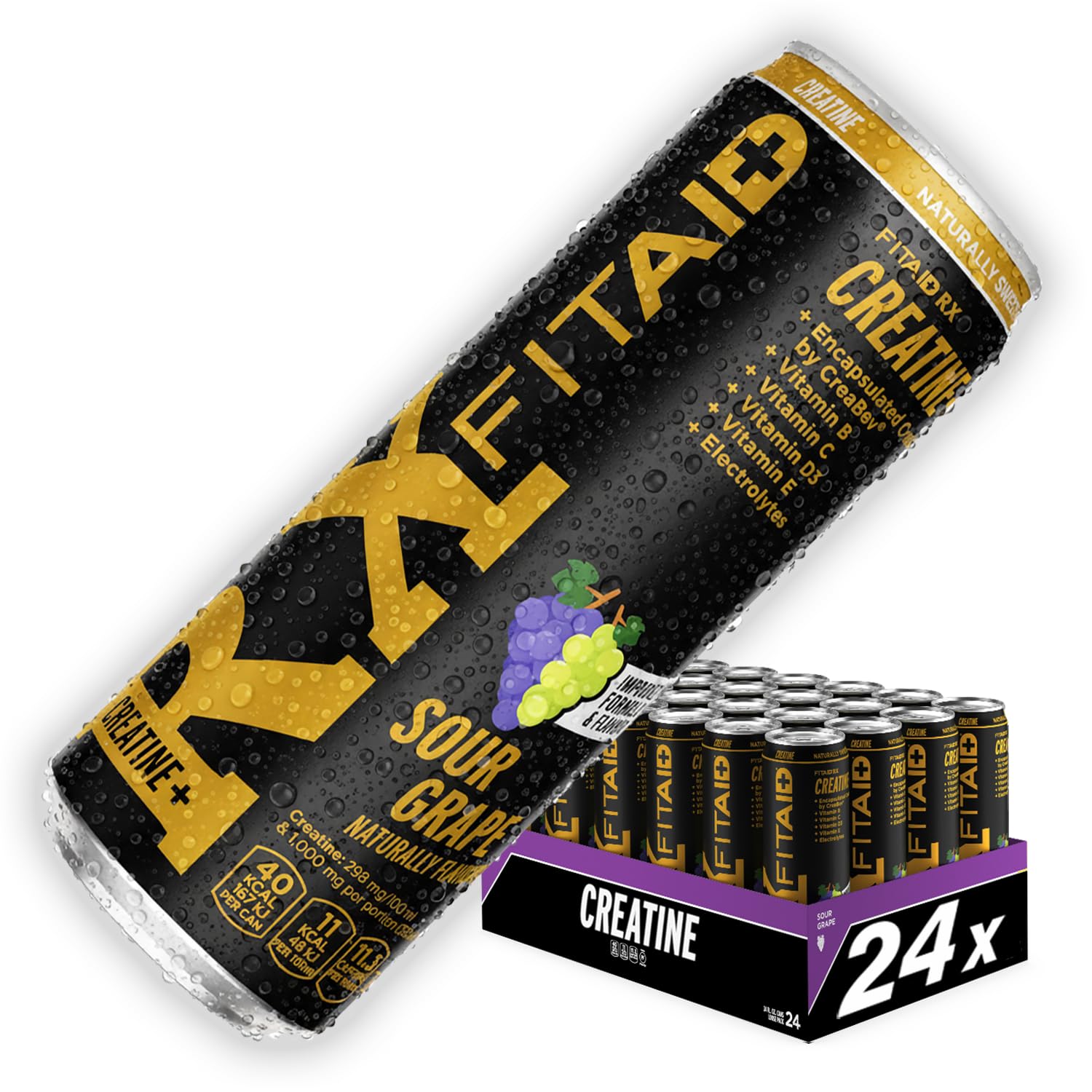 FITAID RX Sour Grape Clean Creatin Monohydrat Recovery Sport Drink 24x355ml | Regenerationsgetränk & Hydration Helper mit BCAA, Elektrolyten, Kurkuma, Vitaminen, CoQ10 und Stevia für Sport und Alltag