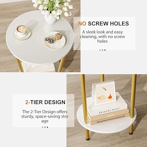 Miniatura 6 de Juego de 2 mesas auxiliares redondas, mesa auxiliar redonda blanca con almacenamiento, mesa decorativa moderna de 2 niveles, mesita de noche pequeña