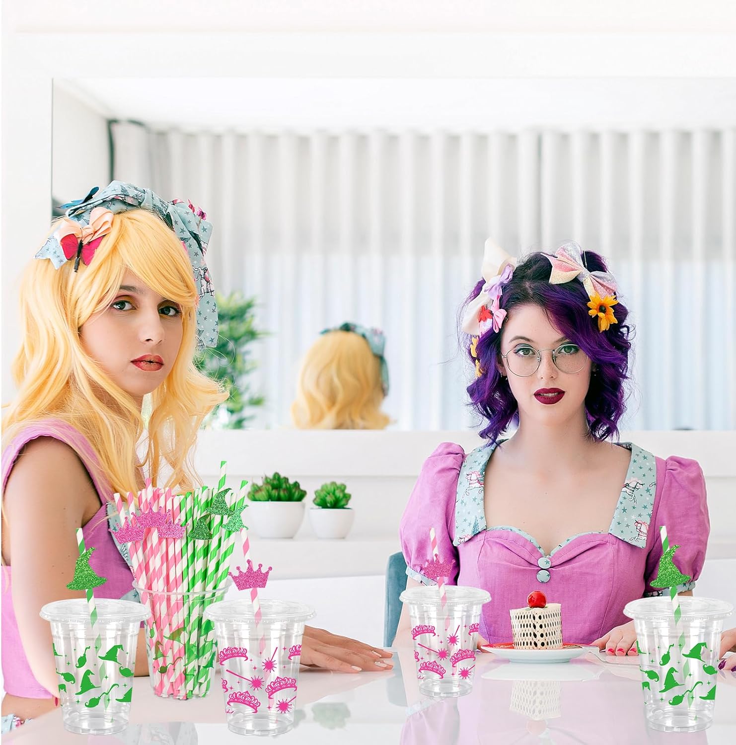 50Pcs 12Oz Magical Wizard Plastic Cups with Lids & Straws Green Witch Hat Pink Crown Disposable Clear Drinking Cups for Halloween Birthday Baby Shower Party Supplies - Image 6