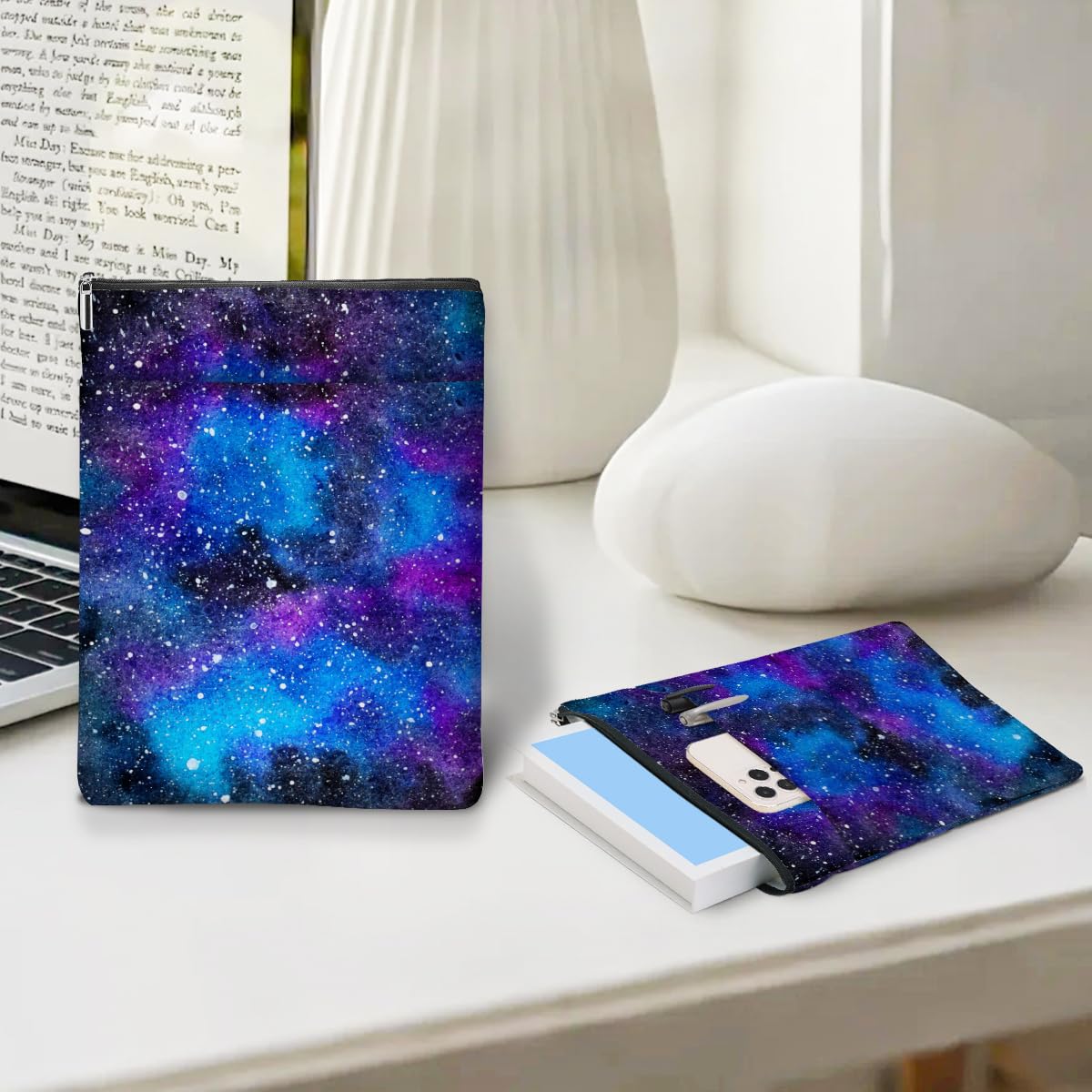 Vintage Starry Night Book Sleeve, Book Lovers Gifts Sleeve with Zipper & Front Pocket, 11.5x8.8 Inch Canvas Books Cover Protector Bookish Useful Gifts for Readers Women Friend Birthday Gift — view 3