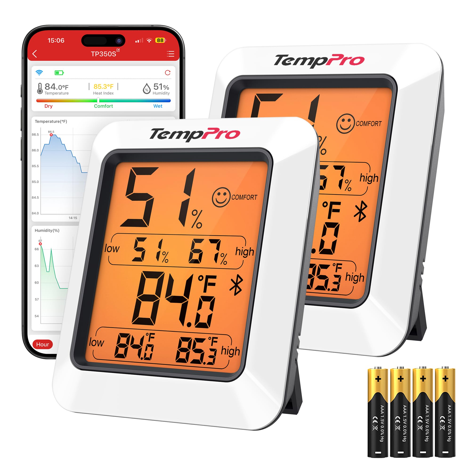 ThermoPro Hygrometer Thermometer for House TP350, Bluetooth Room Indoor Greenhouse Thermometer Monitor Up to 260FT, Backlit Humidity Meter Temperature Sensor with 2-Year Data Export, 2 Pack