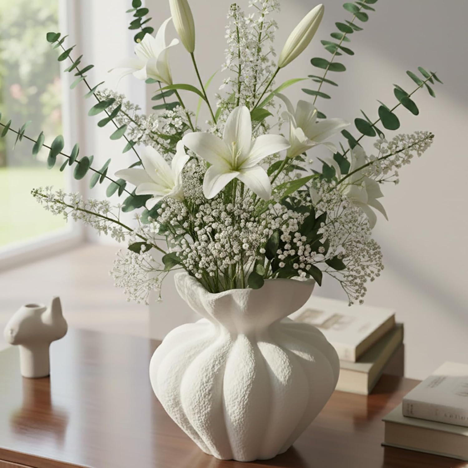 White Ceramic Vase, 8.2 Inch Modern Boho White Flower Vase for Home Decor, Unique Vase for Farmhouse Living Room Cabinet Table Centerpieces Wedding Decorations