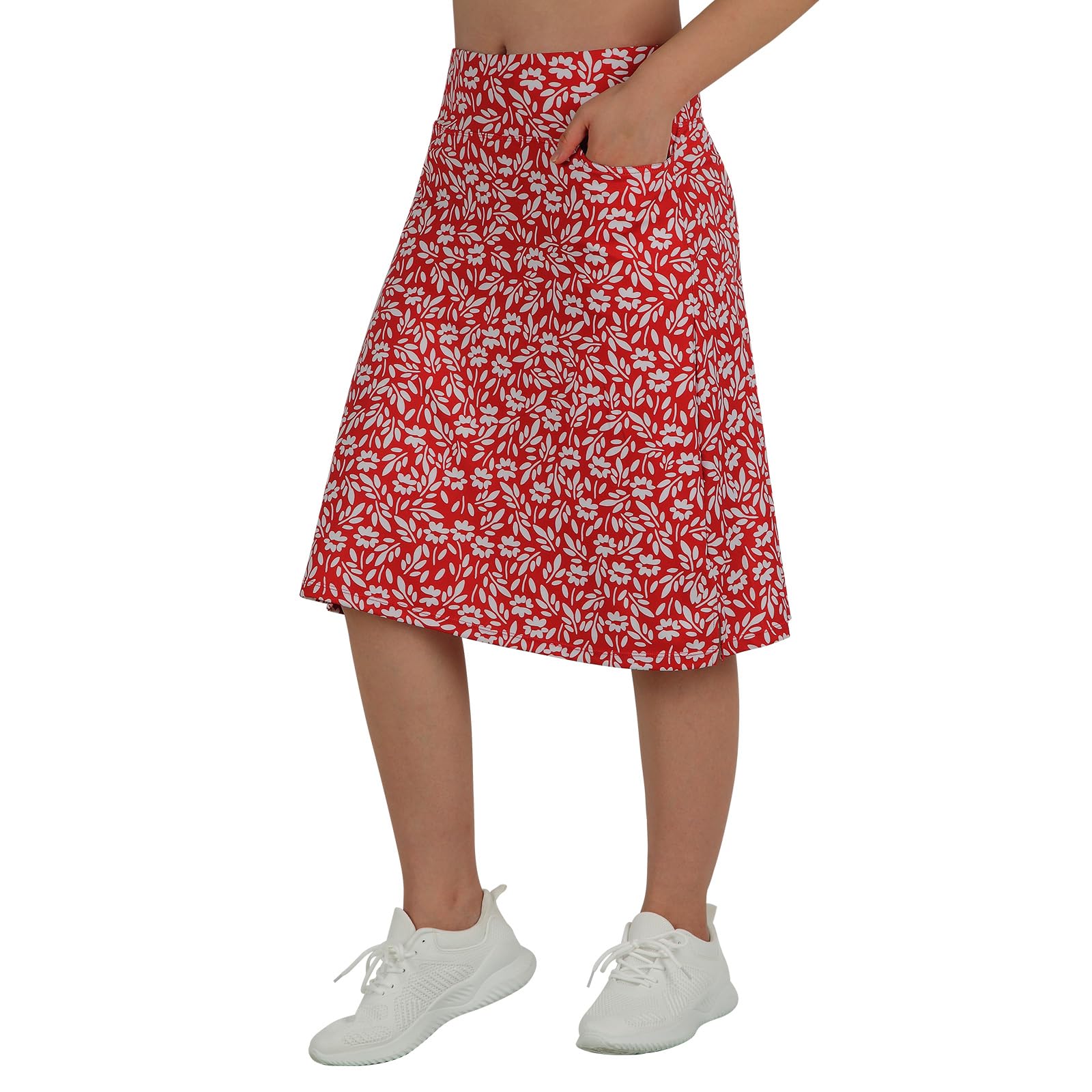 beroy Jupe-Short mi-Longue pour Femme avec 3 Poches, Jupes modestes pour Femme, Longueur Genou de 61 cm, Motif Floral Rouge et Blanc., Taille L