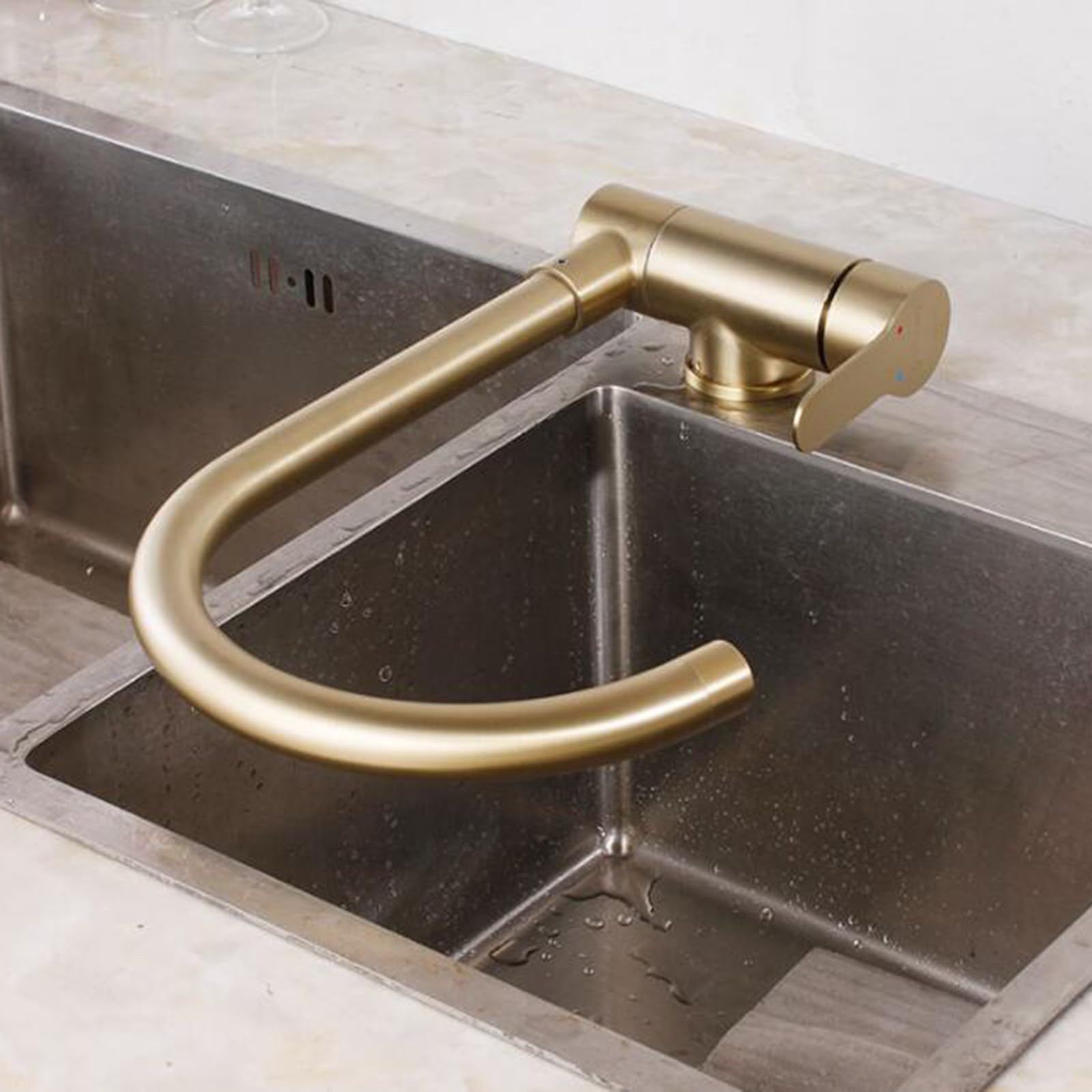 Grifo de Cocina para Ventana Grifo Abatible Cocina Girando Grifo de Fregadero Abatible Acero Inoxidable Agua Fría y Caliente-Oro Cepillado