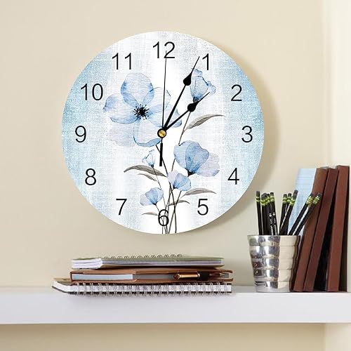 Miniatura 2 de Reloj de pared de flores azules, 10 pulgadas, silencioso, sin tictac, estilo retro, funciona con pilas, elegante reloj floral degradado para