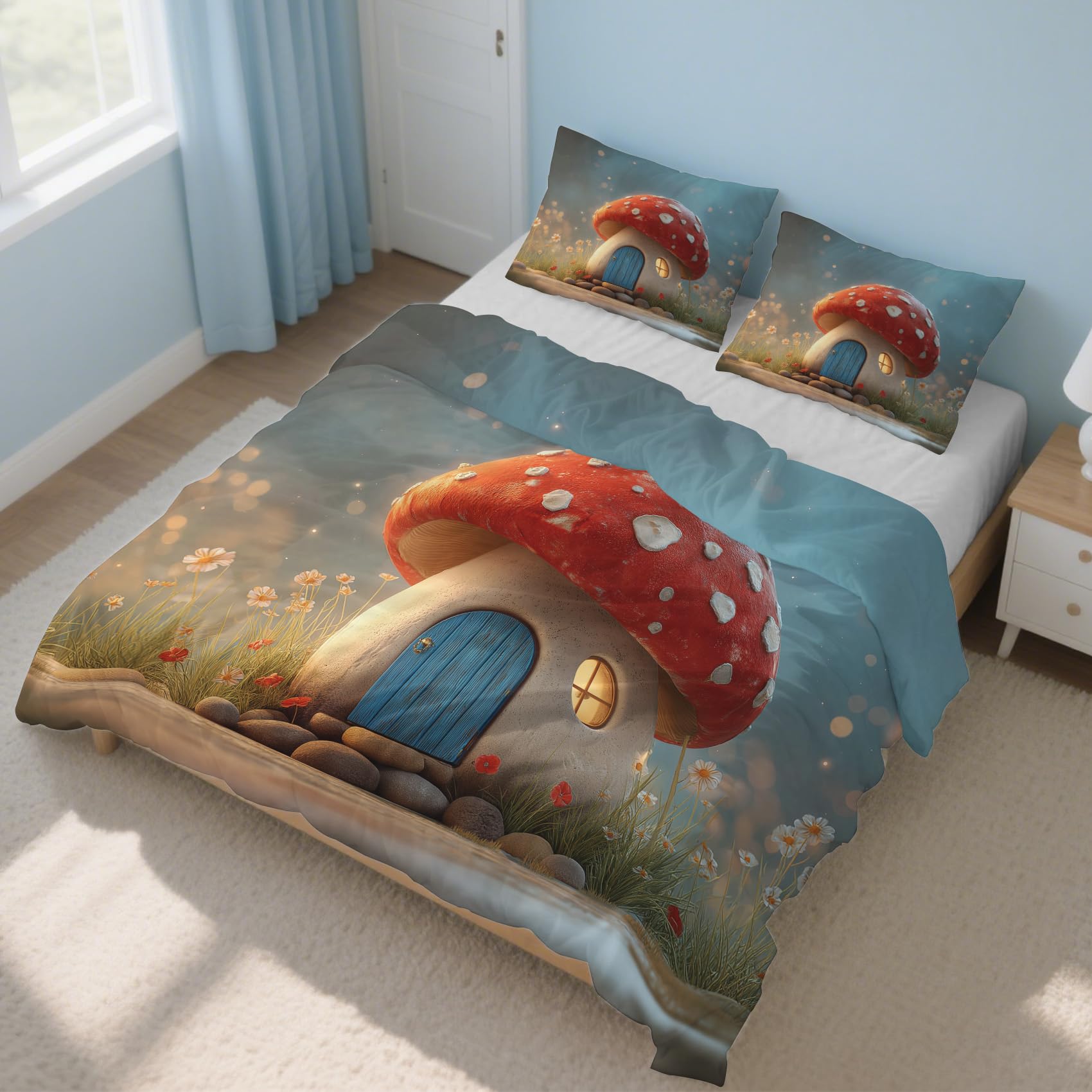 Housse de couette 220x240 maison champignon et fleurs avec 2 taies