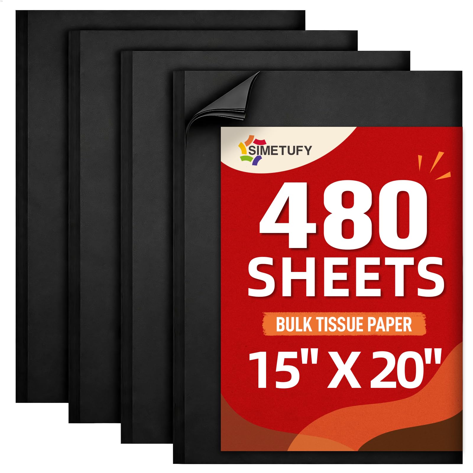 Simetufy Papel de seda negro para bolsas de regalo, 480 hojas de papel de regalo negro de 15 x 20 pulgadas, papel de seda de regalo a granel para manualidades, día de la madre, vacaciones, cumpleaños
