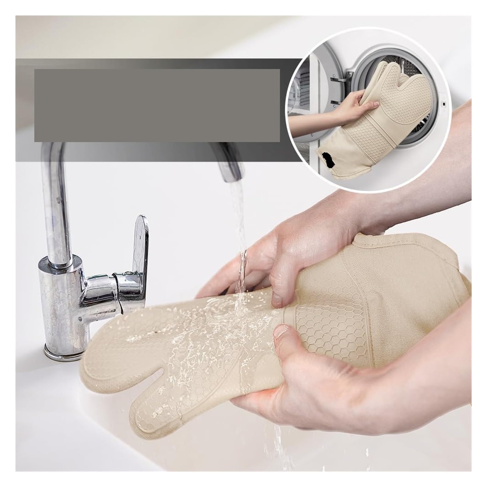 Juego de 6 guantes de horno de silicona extra largos antideslizantes | Microfibra, silicona, algodón; 2 guantes largos, 2 salvamanteles, 2 pinzas; textura de panal